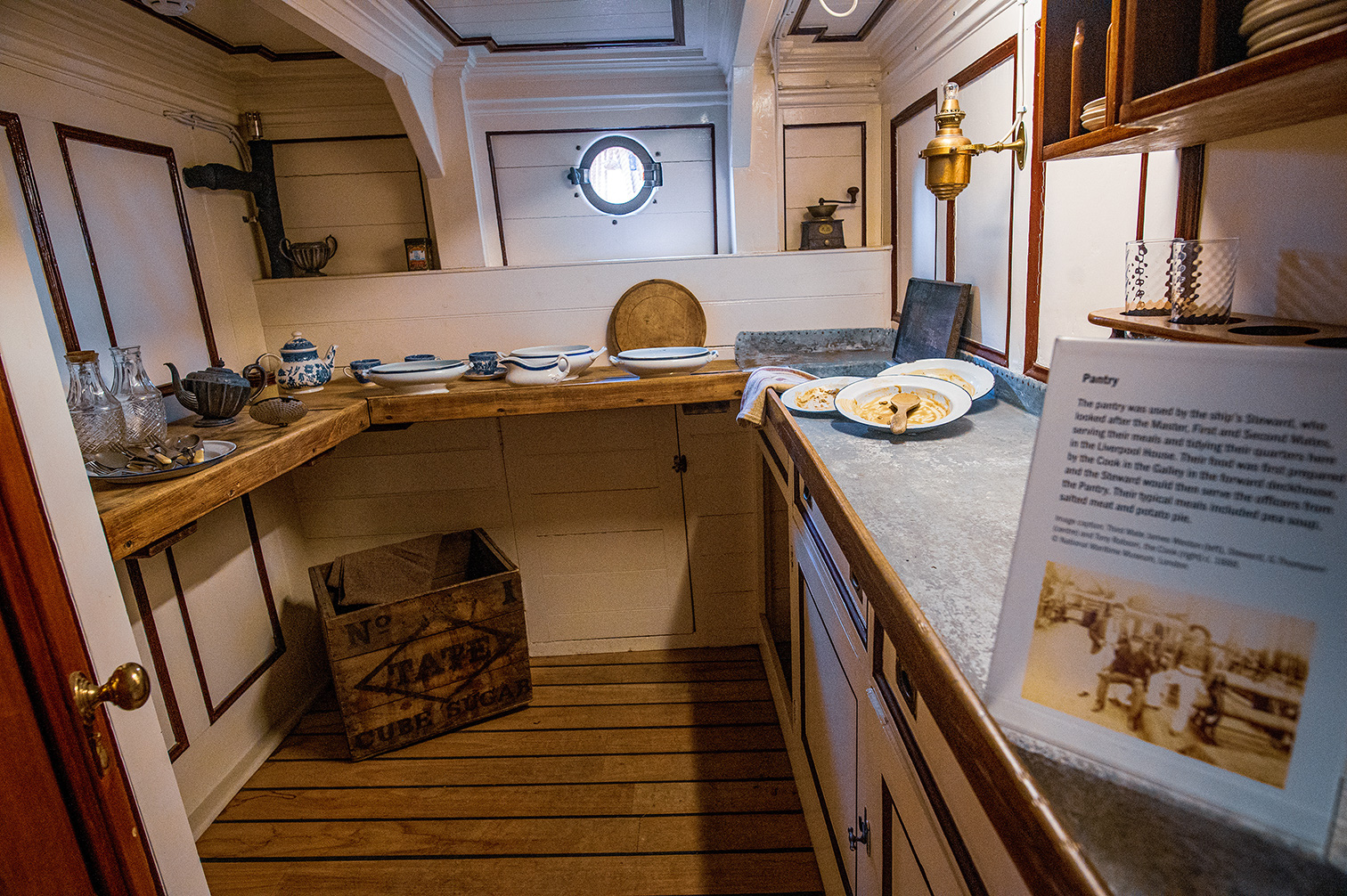 The document describes the pantry on a ship, which was managed by the ship's Steward. The pantry was responsible for serving meals to the Master, First and Second Stewards, and other officers. Meals were prepared by the Cook in the Galley and then served by the Steward. Typical meals included salted meat and potato pie. The pantry was located in the Liverpool House.