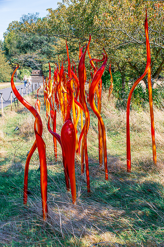The image depicts a vibrant outdoor sculpture installation featuring red, flame-like structures emerging from the ground. The artwork is situated in a grassy area with trees in the background, and a few people can be seen walking in the distance.