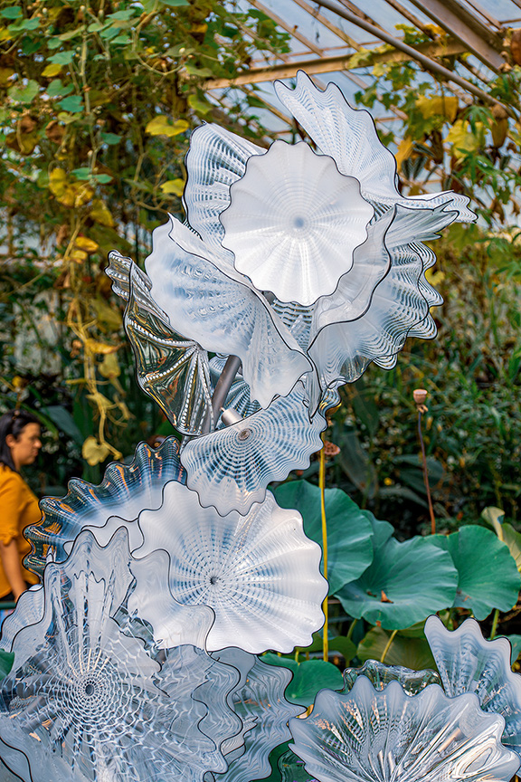 The image showcases intricate, large, blue glass flowers, likely part of a glass sculpture or art installation, set against a backdrop of green foliage and a person in a yellow shirt. The flowers have detailed, delicate patterns and are arranged in a vertical manner.