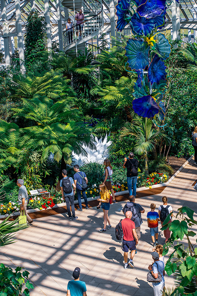 The image depicts a vibrant indoor botanical garden with lush greenery and colorful glass sculptures resembling flowers. Visitors, including families and individuals, are seen walking along a pathway, observing the plants and art installations. The garden features a variety of ferns and other tropical plants, with a staircase leading to an upper level where more visitors are present. The overall atmosphere is lively and educational, showcasing the blend of nature and art.