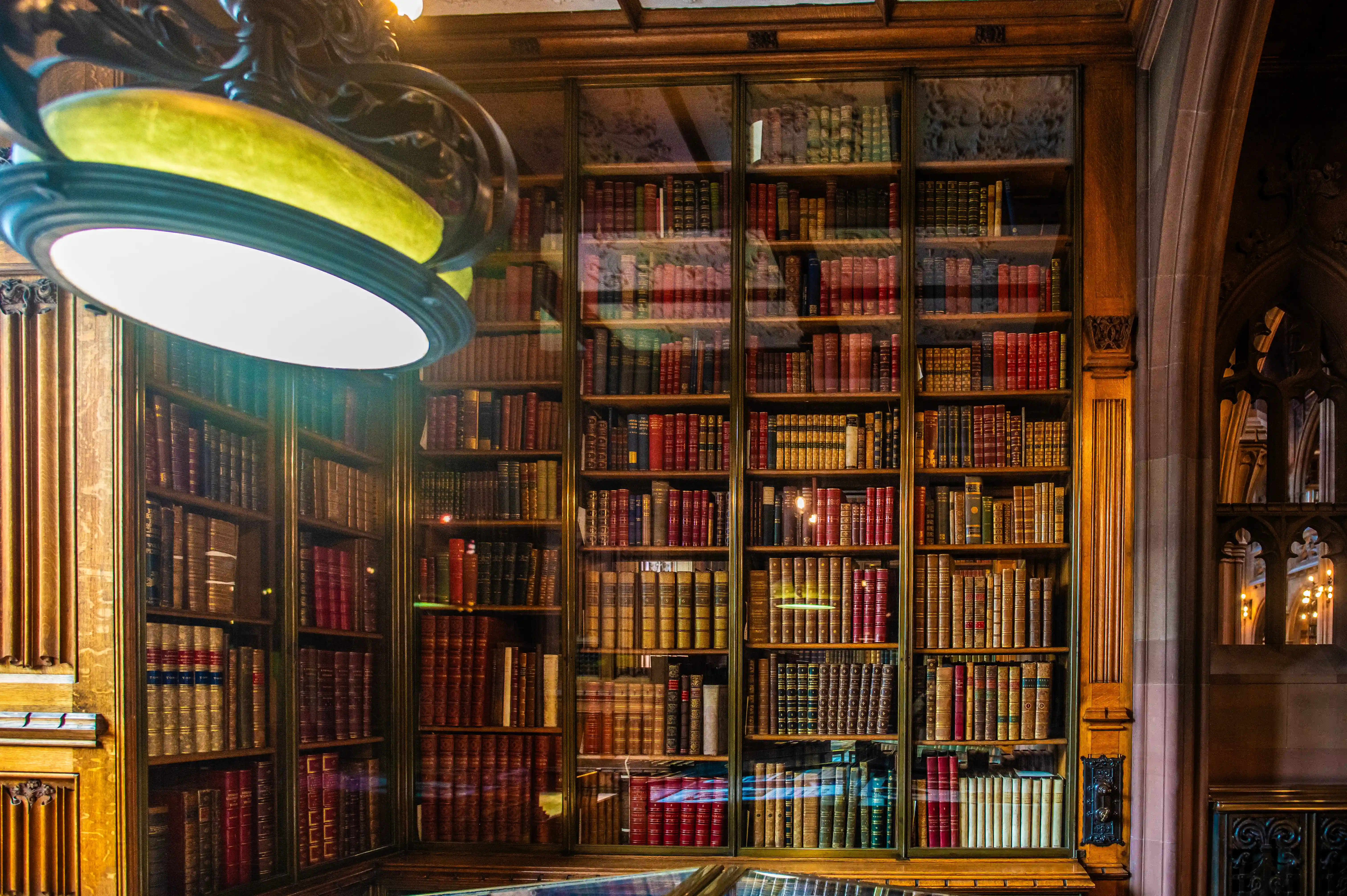Ornate library with tall carved wooden bookcases, leather-bound books, arched details, and a glowing hanging light.