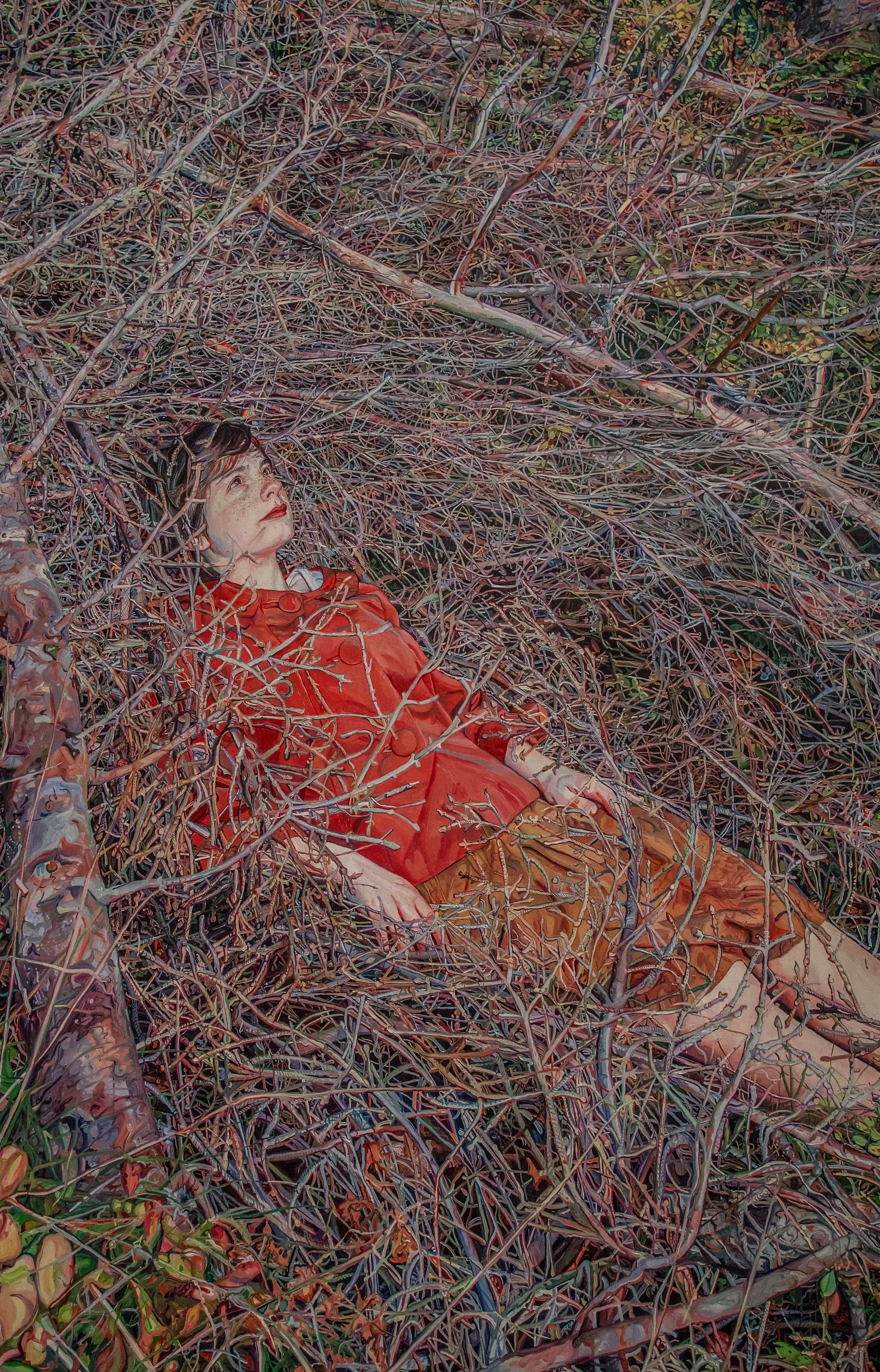 Illustration of a woman in a red dress lying among tangled branches and dry twigs, viewed at close range. 