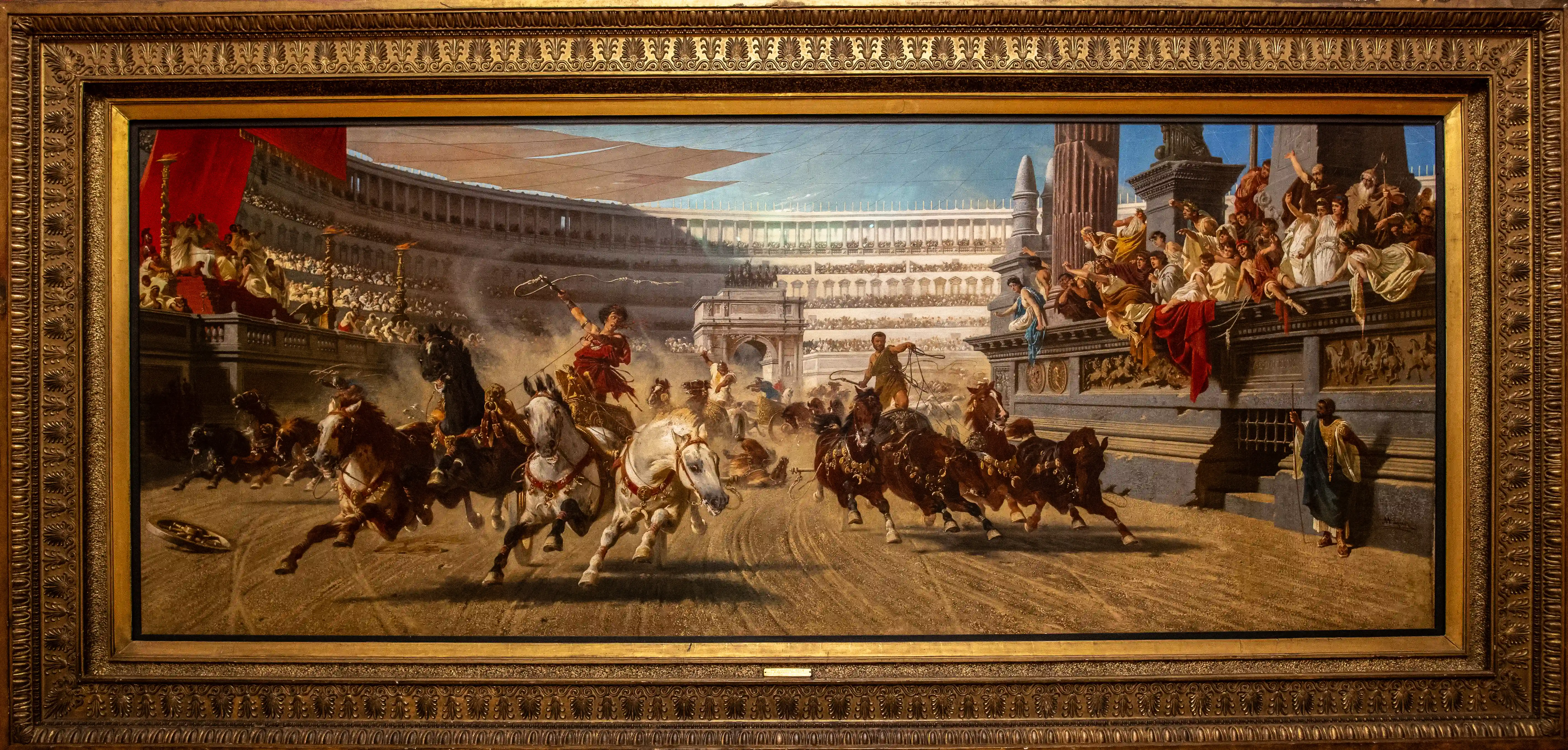 Framed classical painting of horse riders in a grand city scene, with crowds and spectators on steps and along the architecture.  