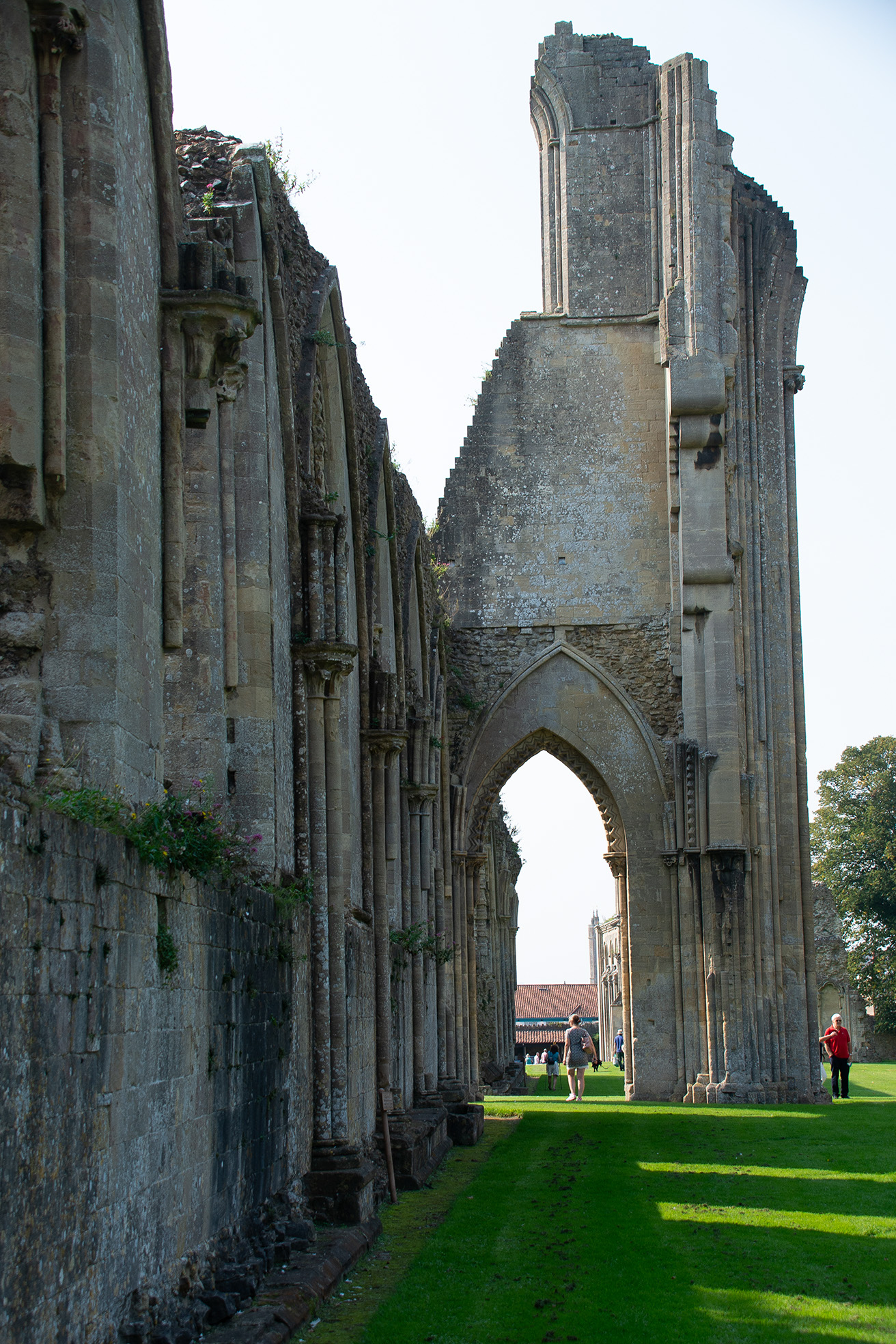 The image depicts the ruins of an old stone building, likely a historic abbey or church. The structure features tall, weathered walls and arches, with some sections of the walls partially collapsed. The interior is open to the sky, and the ground is covered with green grass. Two people are walking through the ruins, providing a sense of scale to the massive stone walls. The scene is bathed in natural light, suggesting it is daytime.