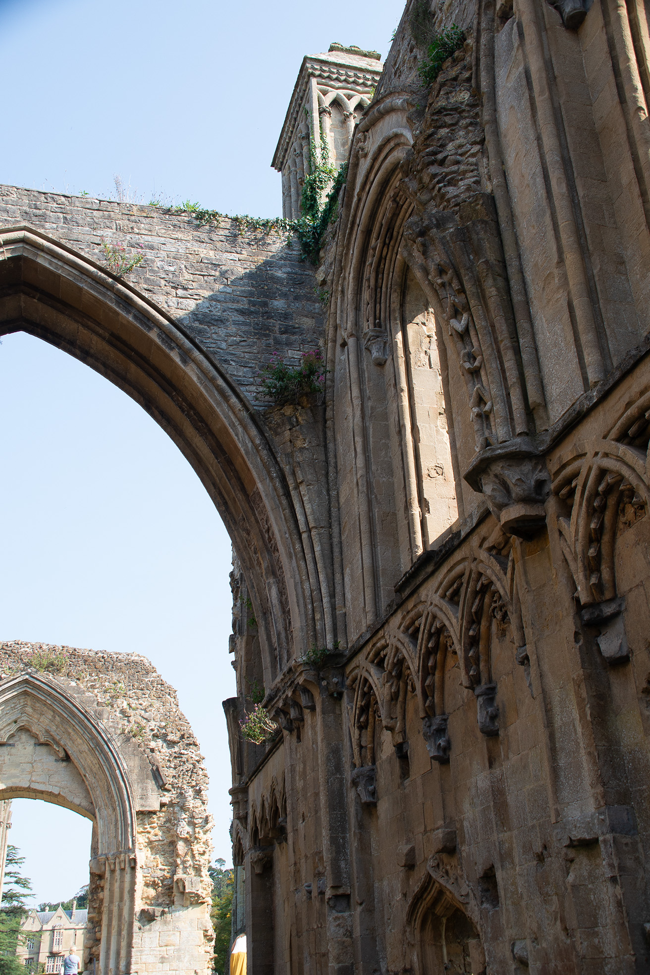 The image depicts the ruins of an old stone structure, likely a historical or medieval building. The architecture features intricate stone carvings, pointed arches, and detailed columns, indicative of Gothic or Romanesque design. The structure is partially overgrown with vegetation, suggesting it has been abandoned for a significant period. The sky is visible through the gaps in the ruins, and there are other stone structures in the background. The overall scene conveys a sense of historical significance and architectural grandeur.