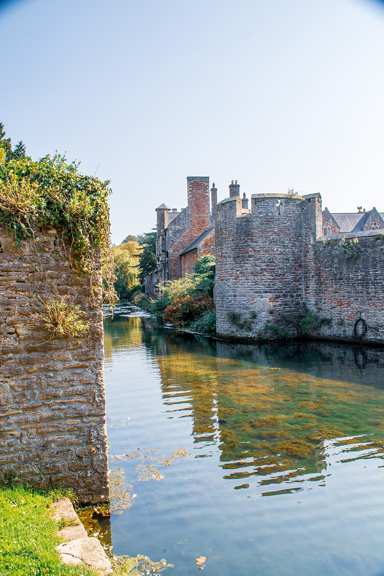 The image depicts a serene scene of a historic castle or fortification with a moat. The structure is made of stone and brick, featuring a prominent tower and chimneys. The moat is filled with clear water reflecting the surrounding greenery and the stone walls. The scene is bathed in natural light, suggesting a clear day. Vegetation, including ivy and grass, is visible around the base of the walls and along the edge of the moat.