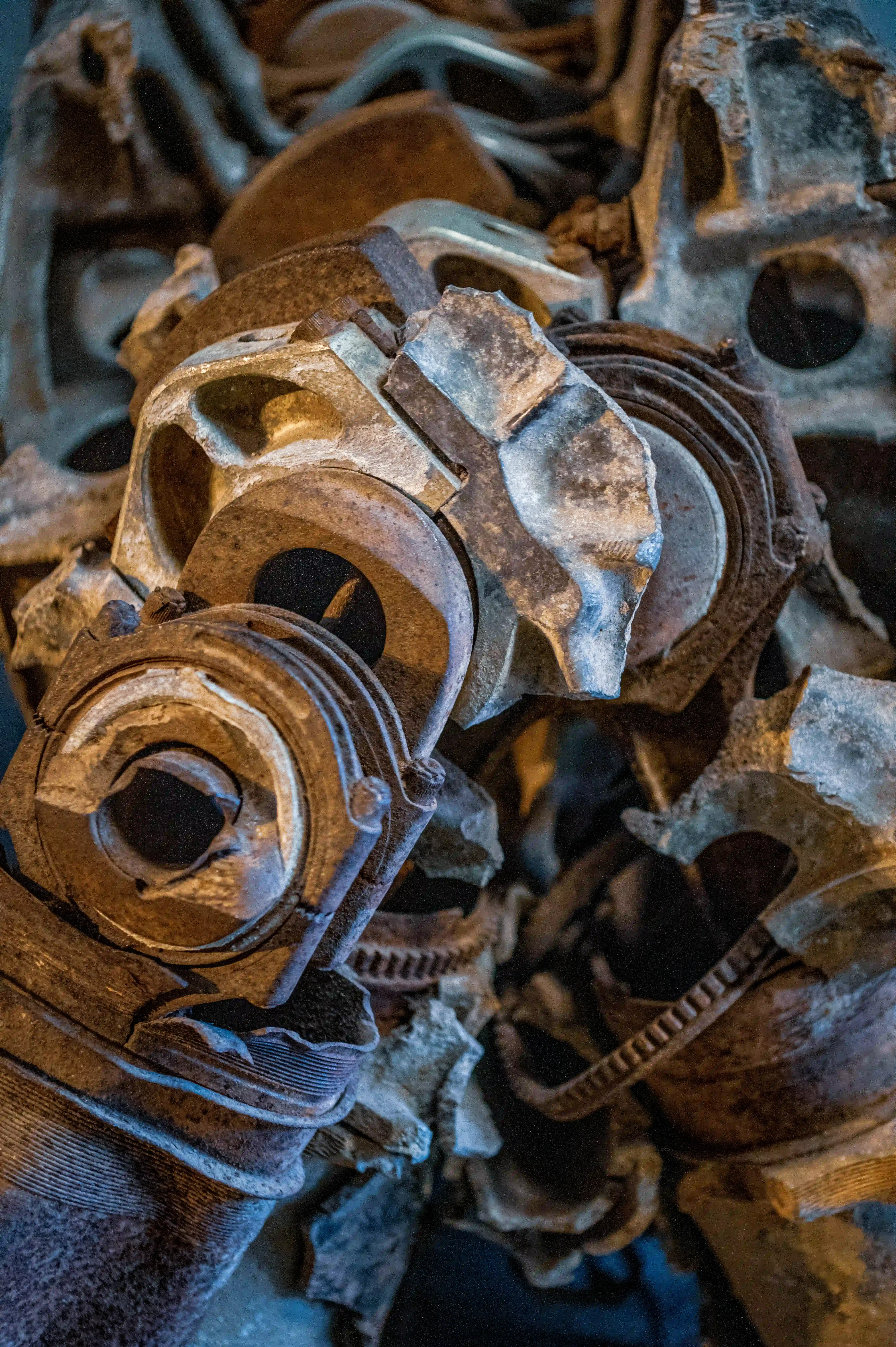 A close-up, abstract view of a pile of worn and rusted metal components, showing intricate textures and shapes.