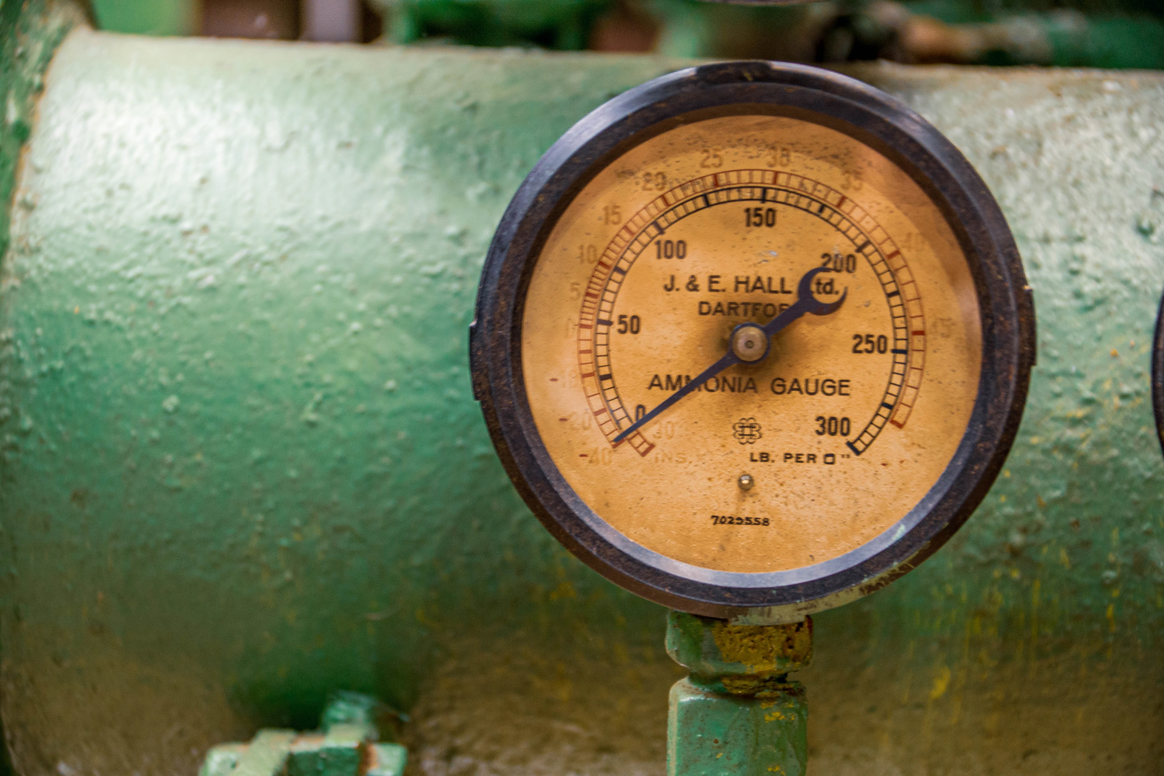 A circular, yellowed ammonia gauge with black markings and a dark blue needle is attached to a rough, green painted pipe. The gauge face reads AMMONIA GAUGE and J. & E. HALL TD. DARTFORD. The needle points to approximately 40 LB. PER 