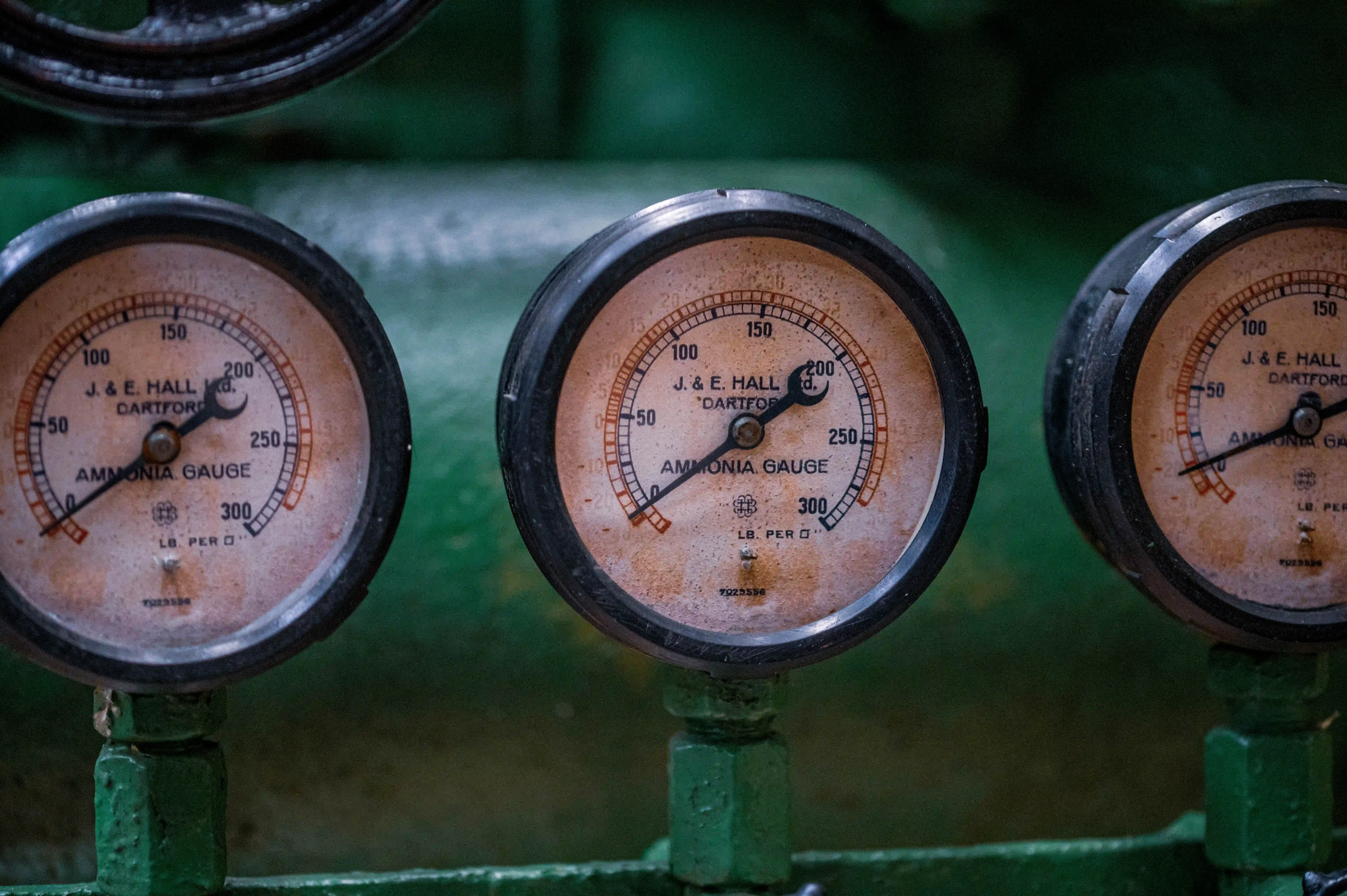 Three circular, old-fashioned ammonia pressure gauges are arranged horizontally against a blurred green background. Each gauge has a white face with black and red markings, a central needle, and text indicating J. & E. HALL LTD. DARTFORD AMMONIA GAUGE.