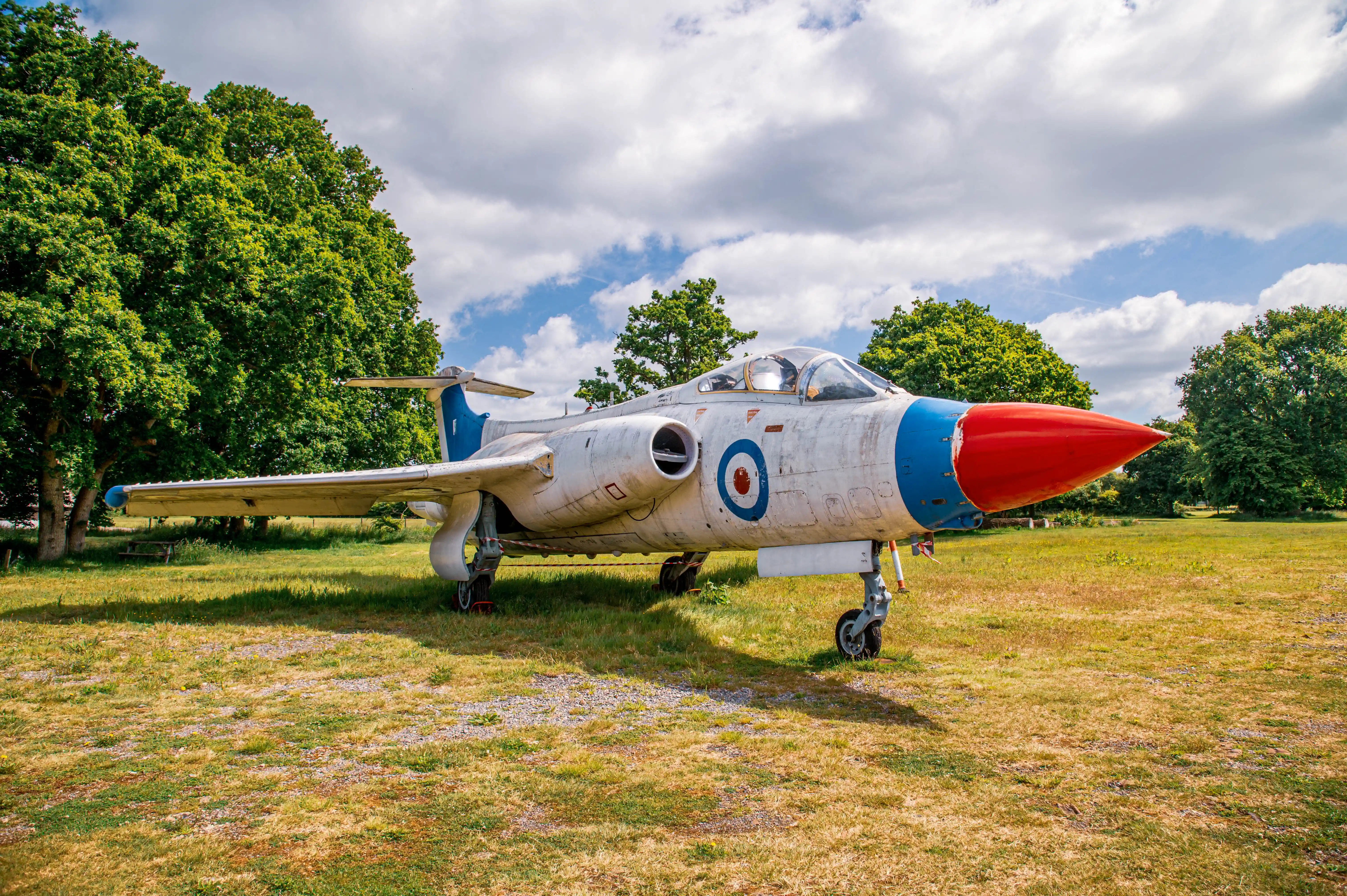 A close-up, side profile view of a vintage de Blackburn Buccaneer S1 parked on a grassy field. The aircraft has a red nose cone, blue accents, and the roundel symbol of the Royal Air Force.