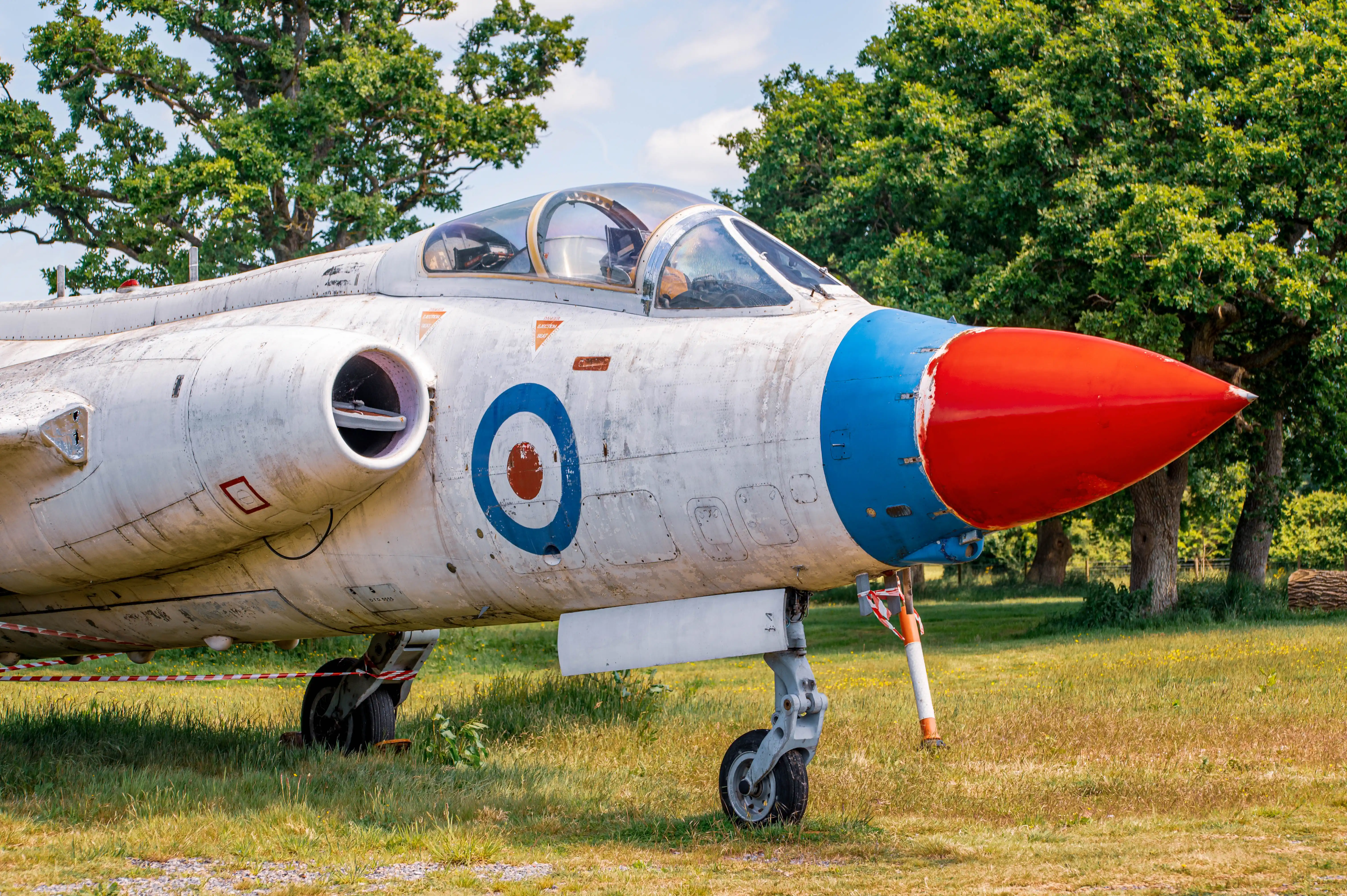 Side view of a weathered white jet aircraft with a bright red and blue nose cone and a blue and red RAF roundel on its fuselage, parked on a grassy area with trees behind it.