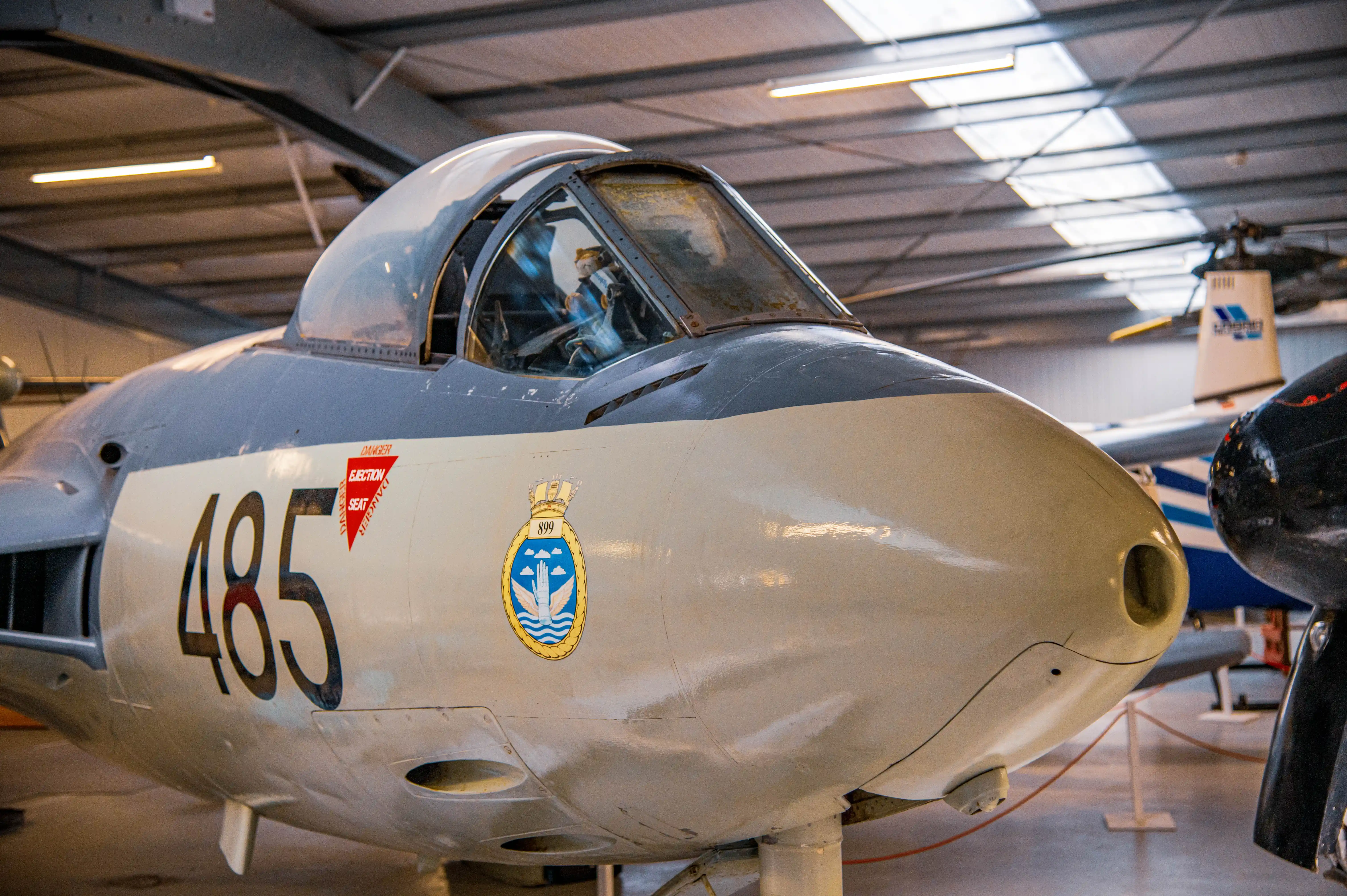 Close-up of the front section of a grey and cream coloured vintage jet fighter aircraft. The cockpit canopy is visible, with a pilot figure inside. The large black number '485' is painted on the side of the fuselage, along with an ejection seat warning and a crest of 899 Naval Air Squadron. Other aircraft are blurred in the background of the hangar.