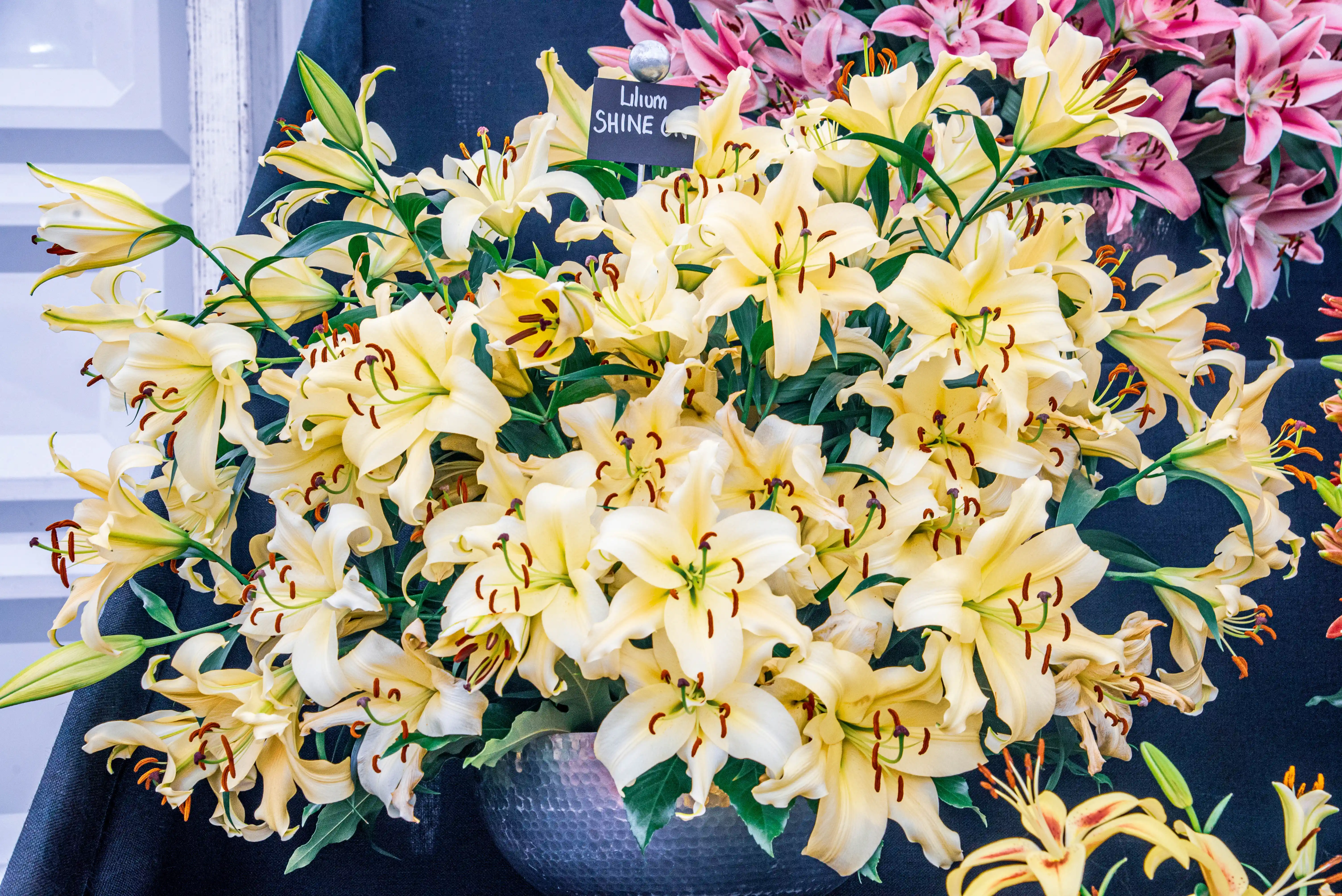 A large bouquet of pale yellow lilies with long, pointed petals and dark stamens, presented in a decorative silver bowl.