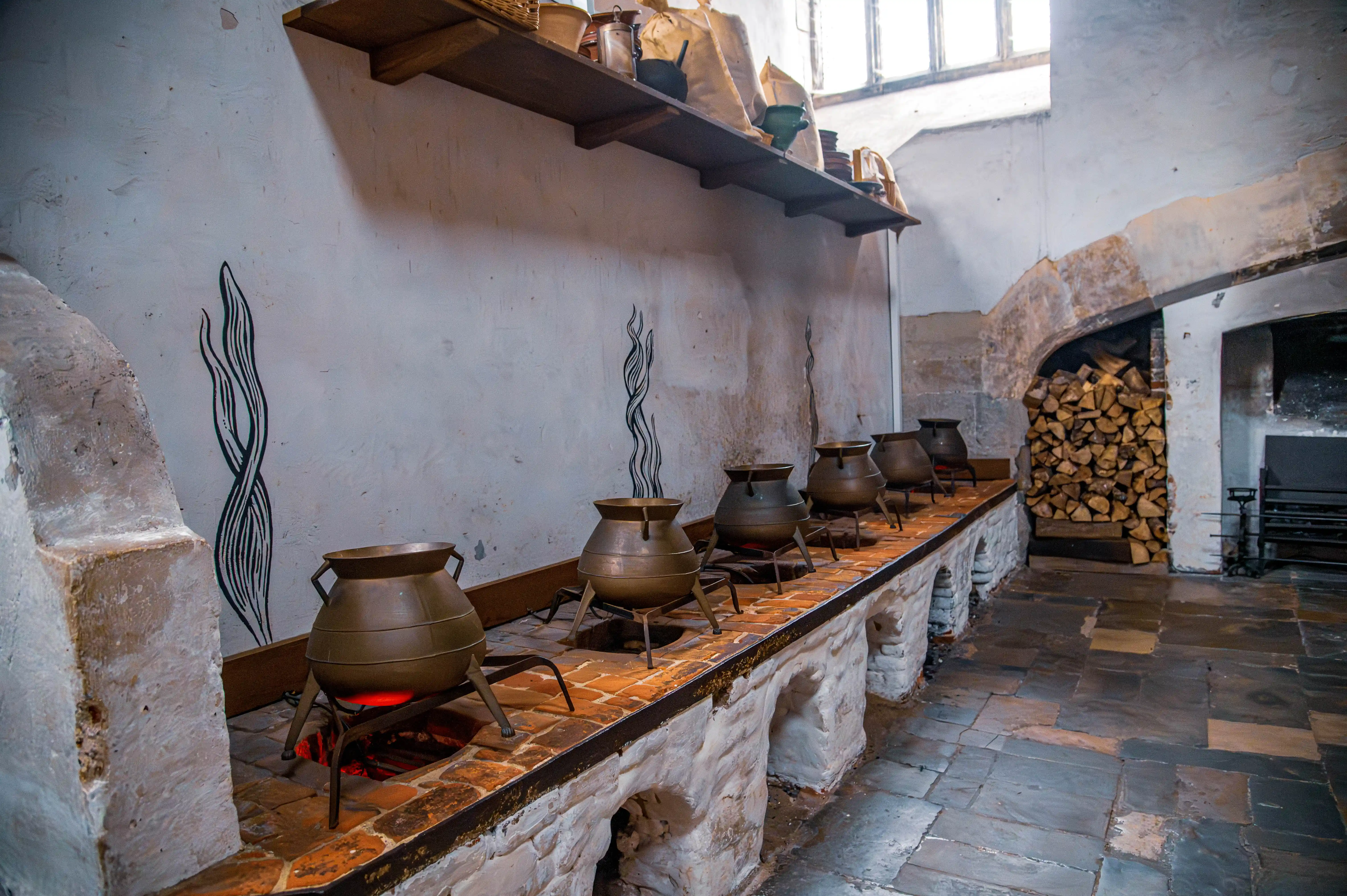 Historic kitchen hearth with bronze cauldrons on brick stands, pottery shelf, stacked firewood and arched stone opening.