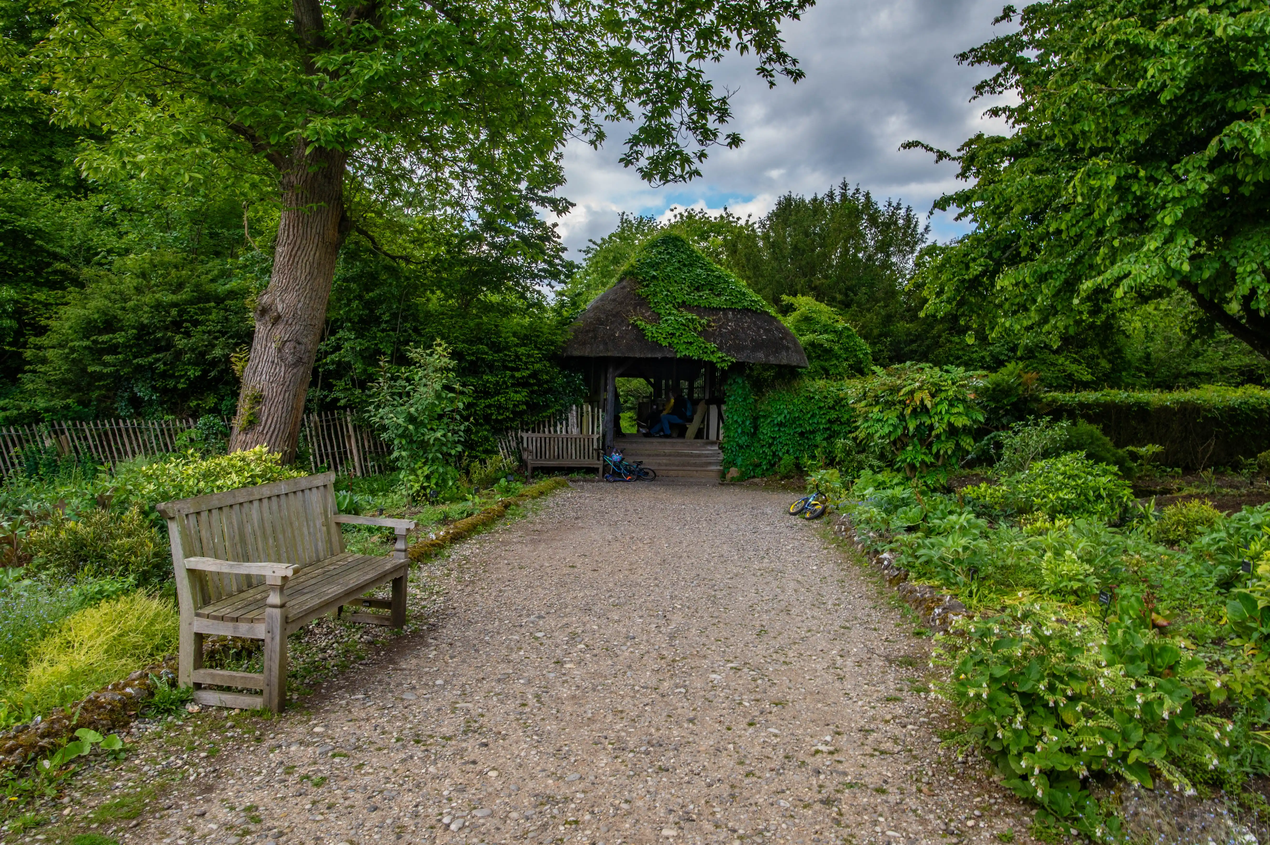 A gravel garden path curves towards a rustic thatched-roof structure, surrounded by abundant green foliage. A wooden bench sits to the left, and two small bicycles are visible on the path.