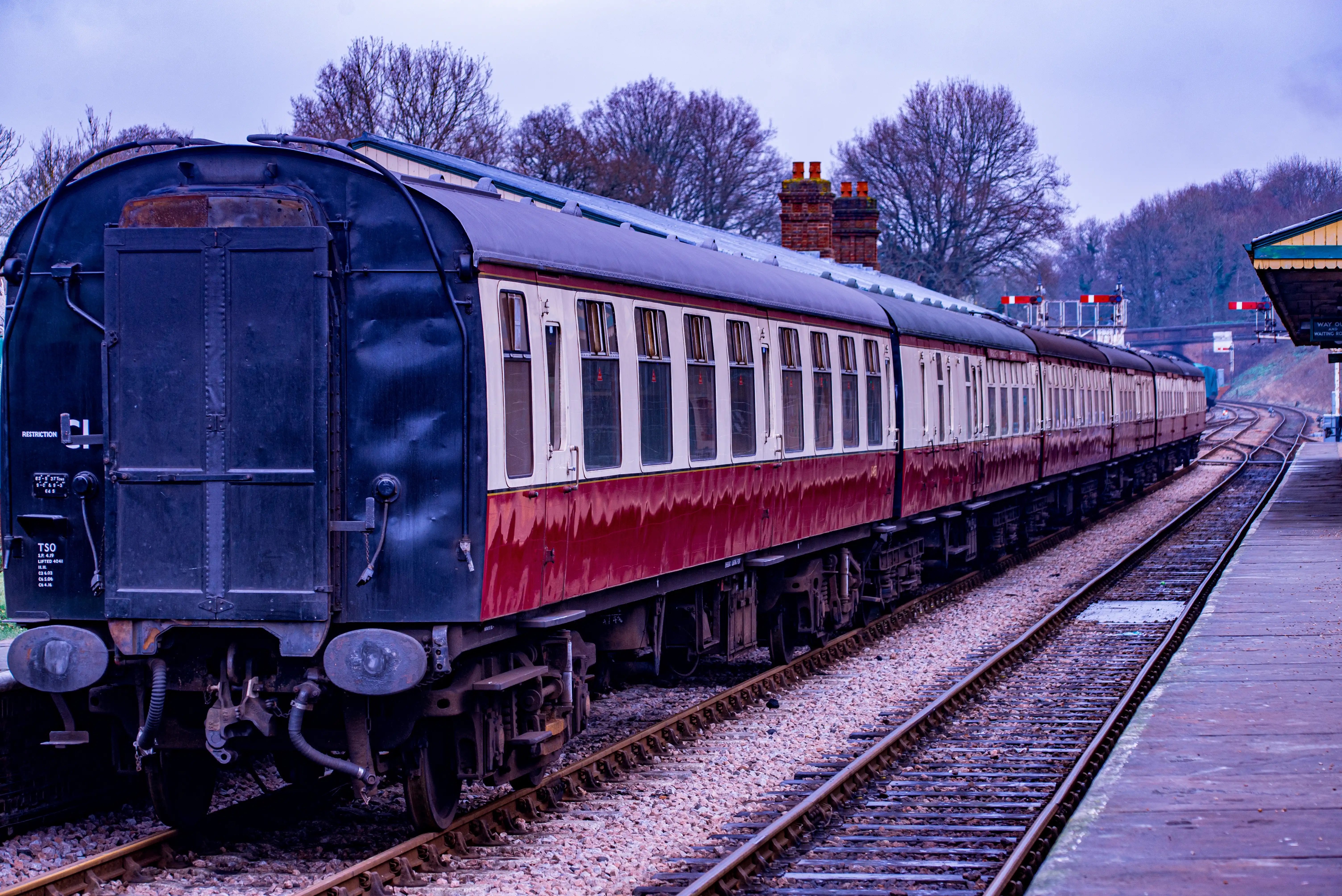 A long passenger train with dark blue and maroon carriages with cream window frames sits at a platform next to railway tracks. Bare trees and a pale sky form the background.