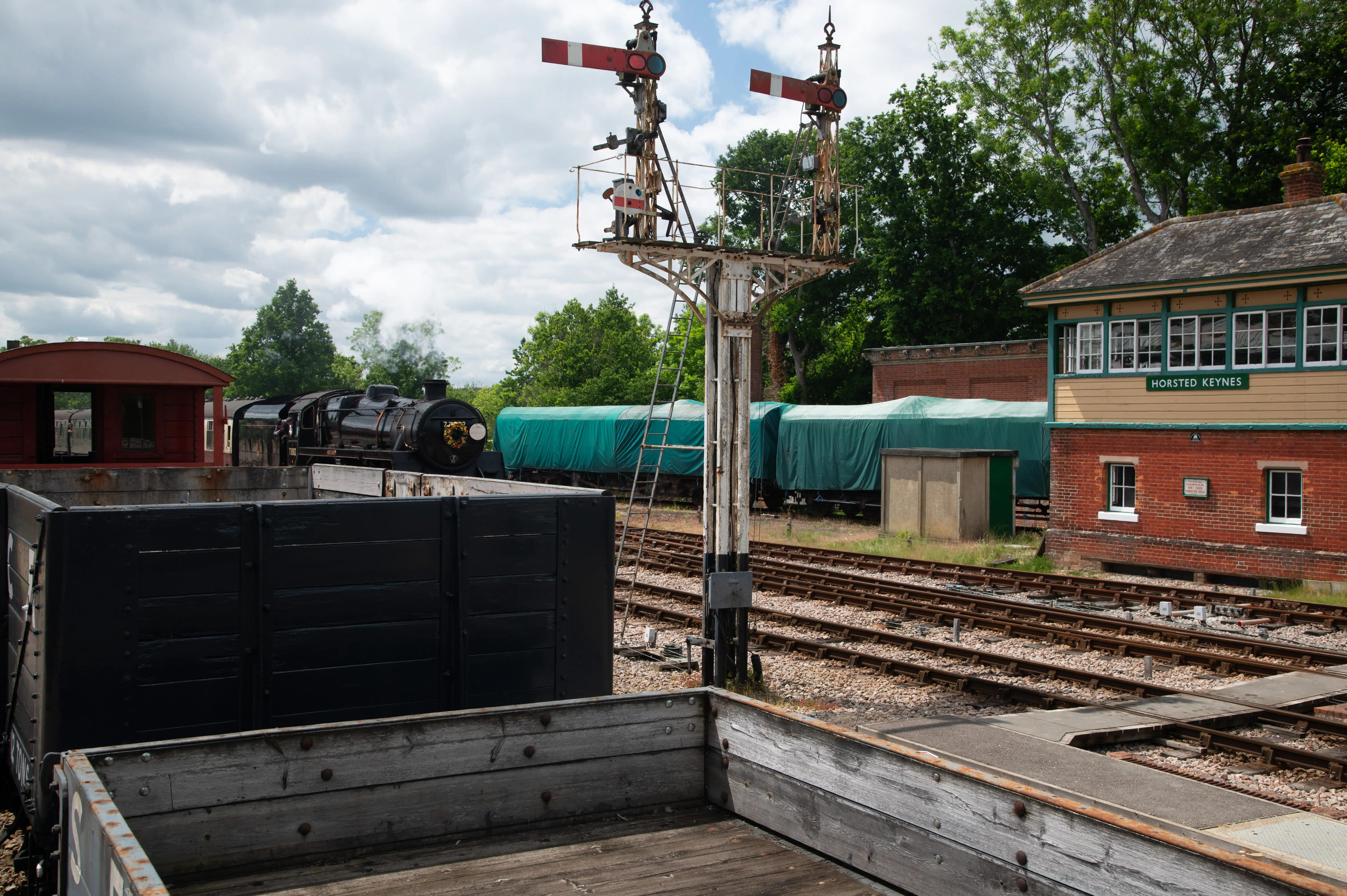 A black steam locomotive is visible on the tracks at a railway station. A vintage signal box with a sign reading 