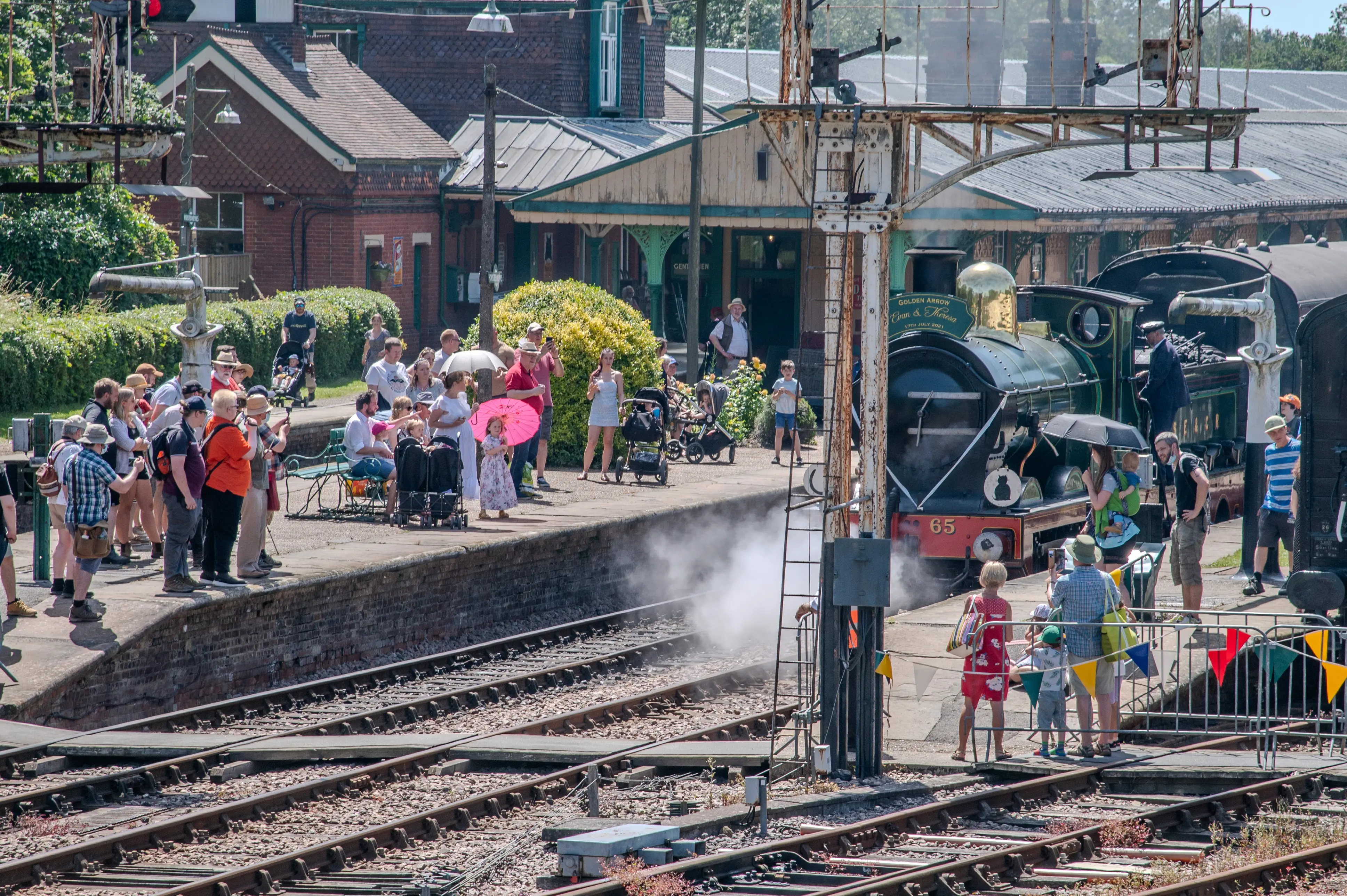 A vintage green steam train with the number 65 on its side arrives at a busy station platform, with a crowd of people watching and white steam billowing.
