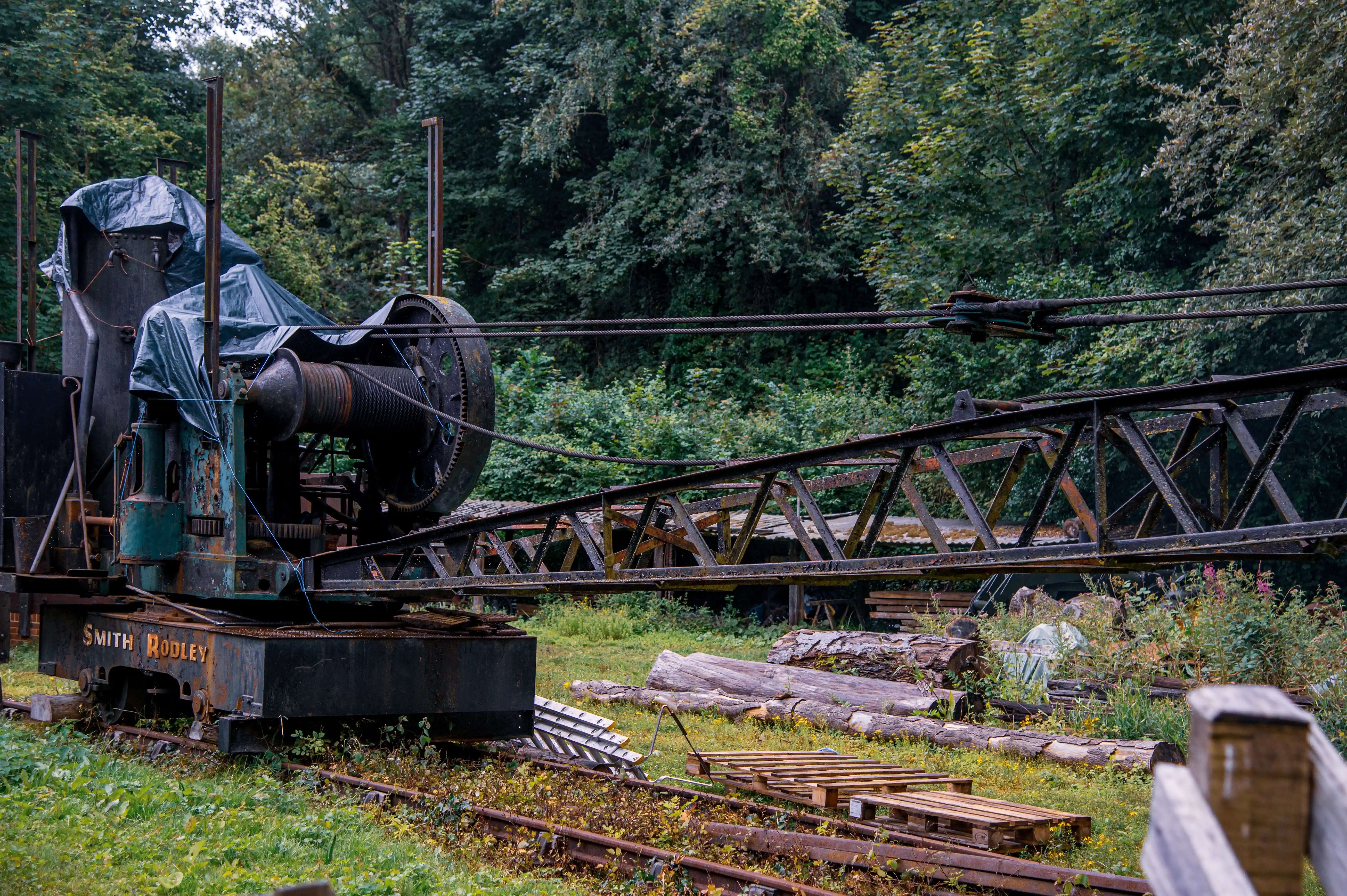 A close-up view of an old, rusted Smith & Rodley crane, its boom extending across the frame, parked on railway tracks in an overgrown outdoor area with trees in the background.