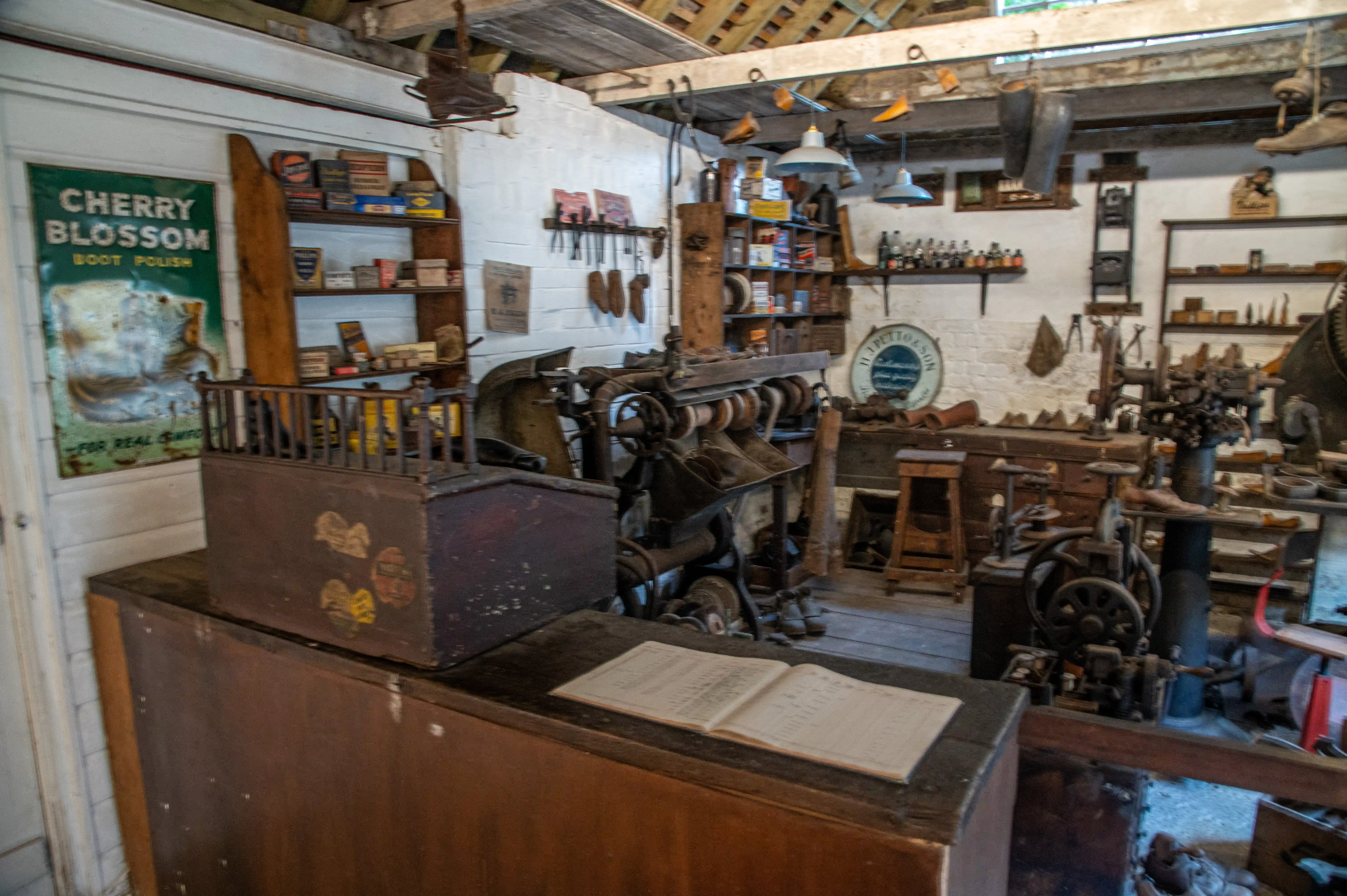 A wide shot of an old-fashioned shoemaker's workshop, with various machines, tools, and shelves of supplies. A vintage advertisement for boot polish is visible on the left.