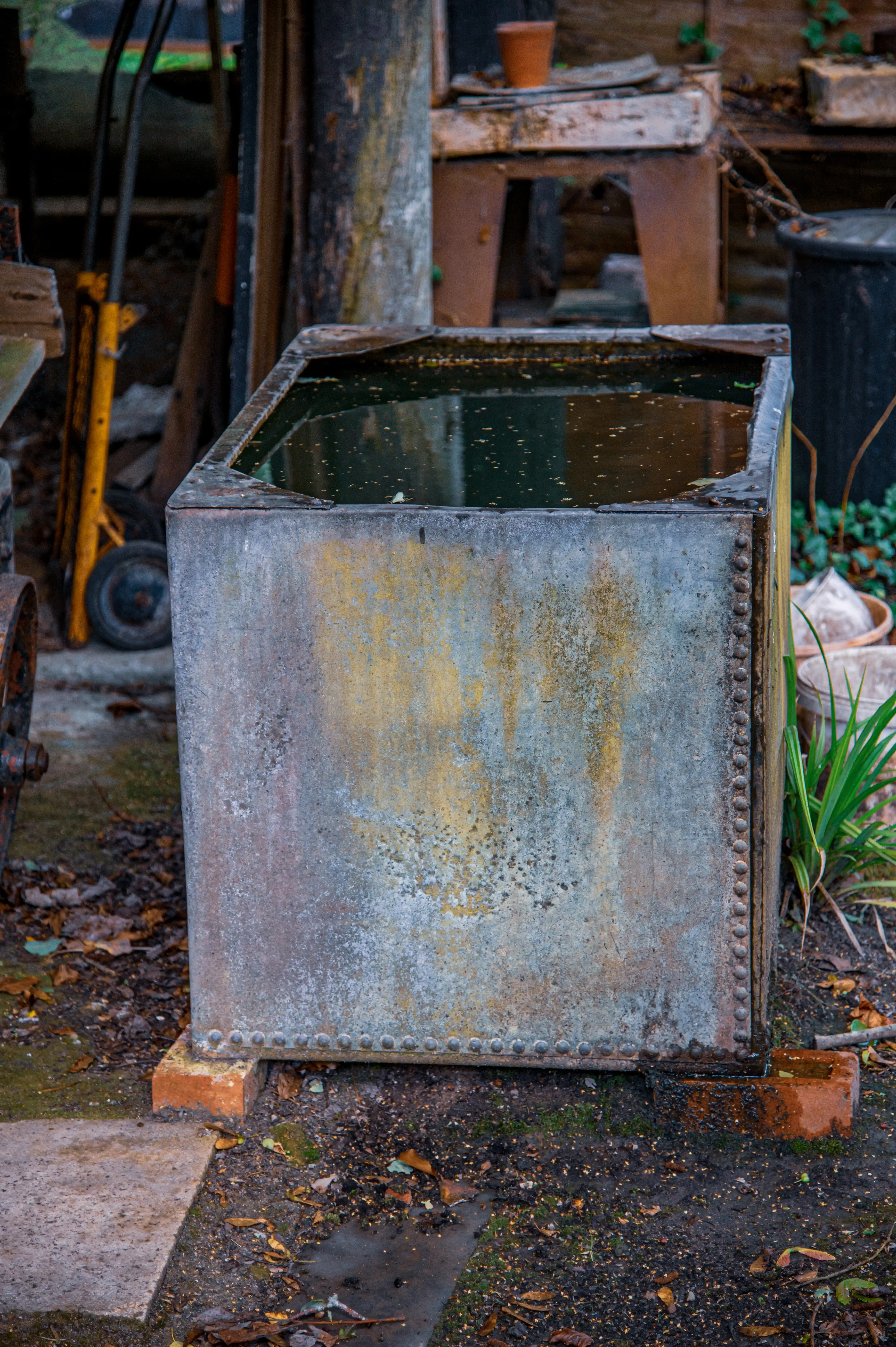 A weathered, rectangular galvanised metal water tank, filled with dark water, sits outdoors on brick supports. The tank is riveted along its edges and shows signs of age with patches of rust and discolouration. The background includes garden debris, foliage, and hints of discarded gardening tools.