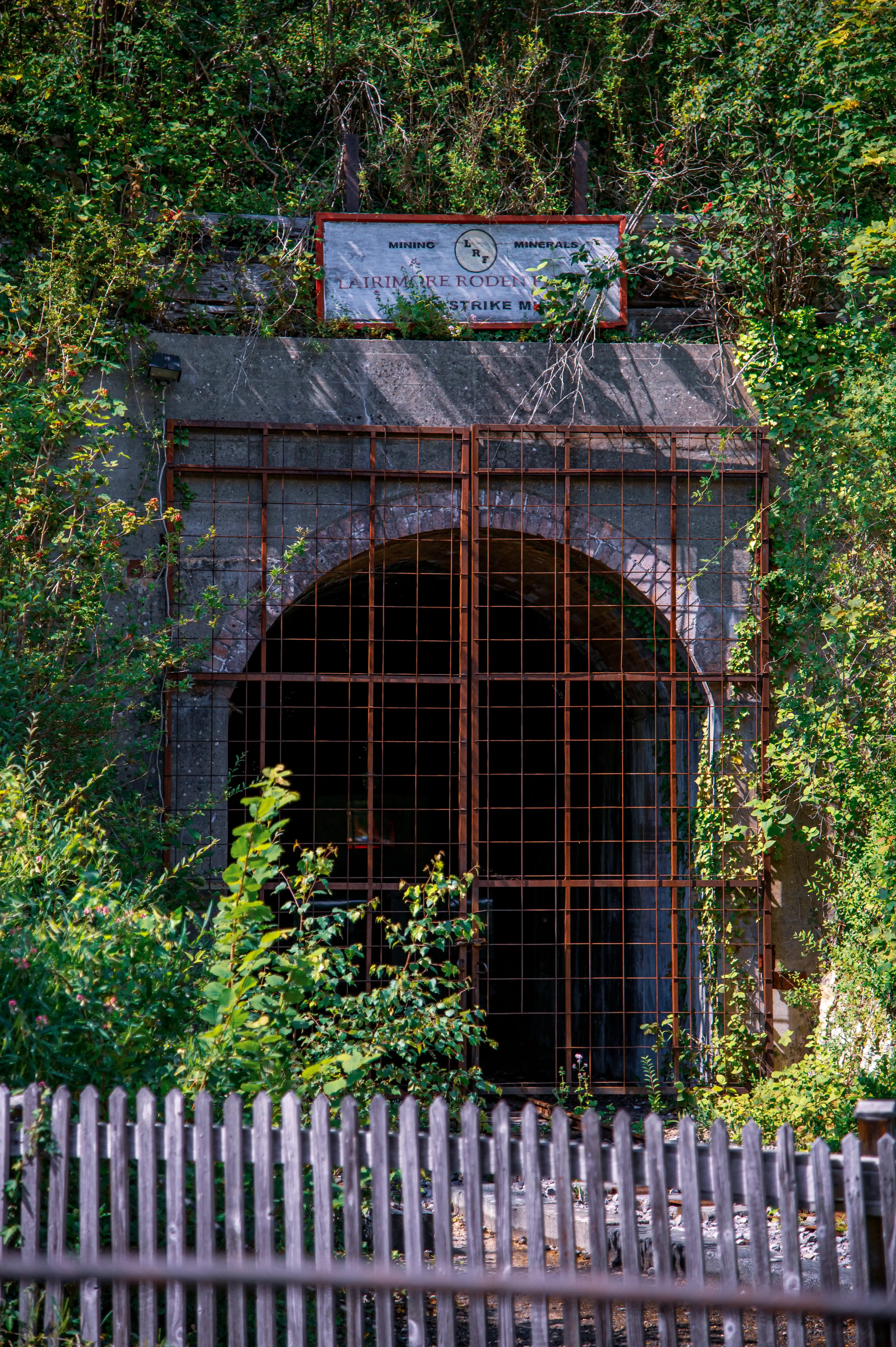 A dark, arched mine entrance is covered by a heavy, rusty metal grate, with vines and bushes growing around it. A wooden fence is in the foreground, and a sign hangs above the entrance.