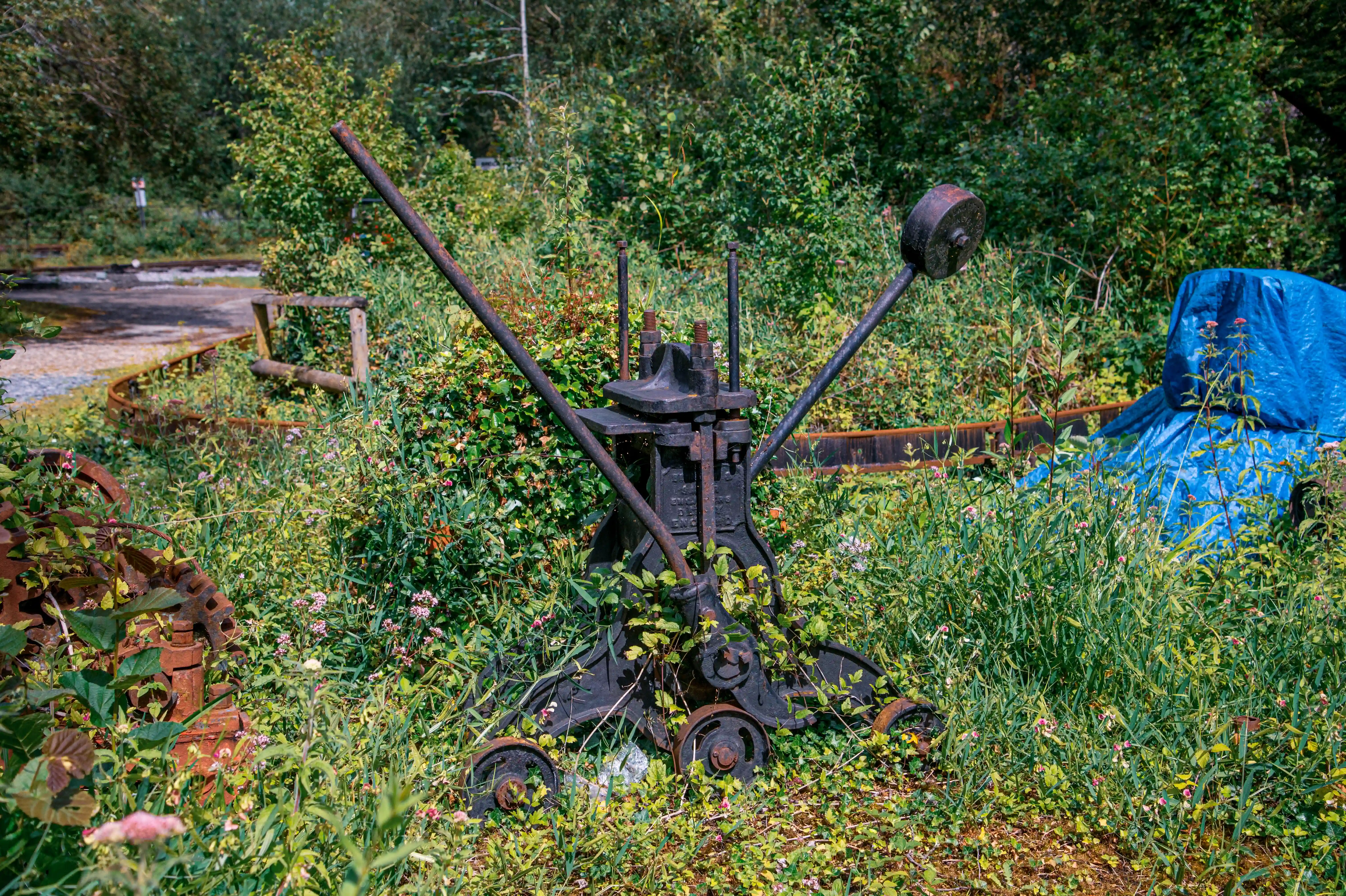 An old, rusted railway lever mechanism with a long metal handle, partially submerged in tall grass and wildflowers. The mechanism is surrounded by dense greenery, rusted metal parts, and a blue tarp, with trees and foliage in the background.