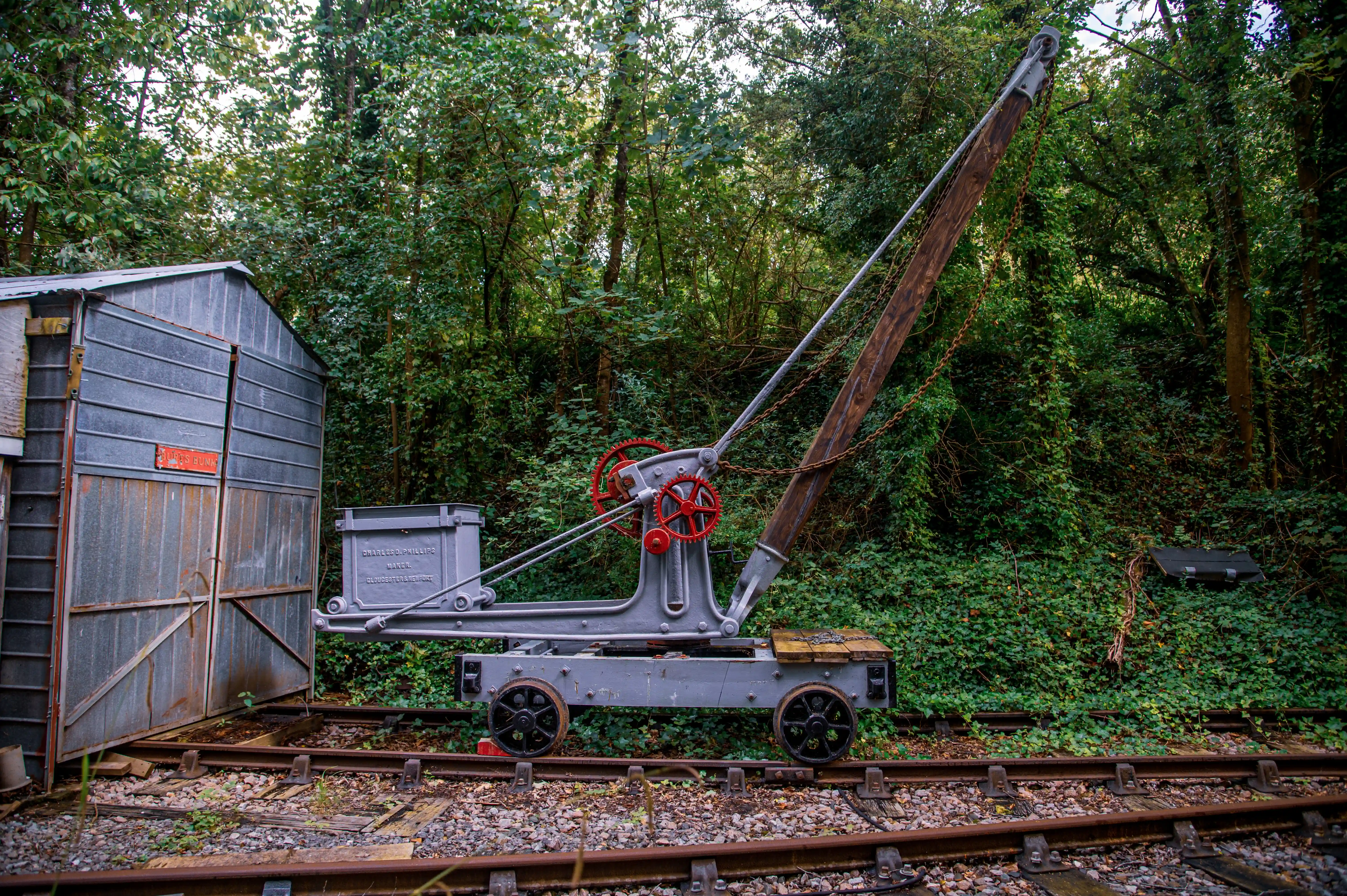 A rusty, grey industrial crane with a long boom sits on railway tracks next to a metal shed in a wooded area.