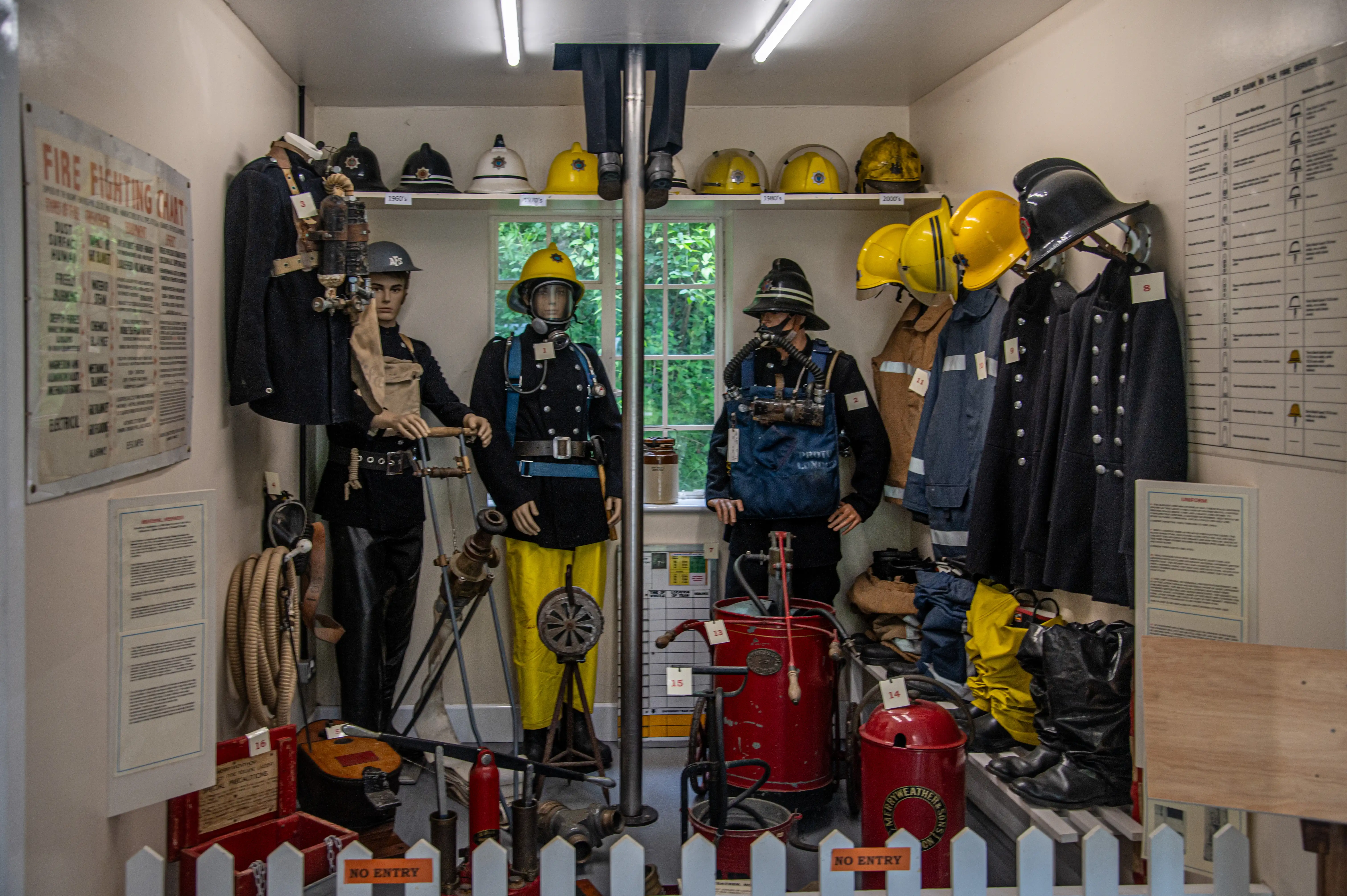 A museum display features mannequins in firefighter uniforms from different eras, along with various helmets, protective clothing, hoses, and other firefighting apparatus.