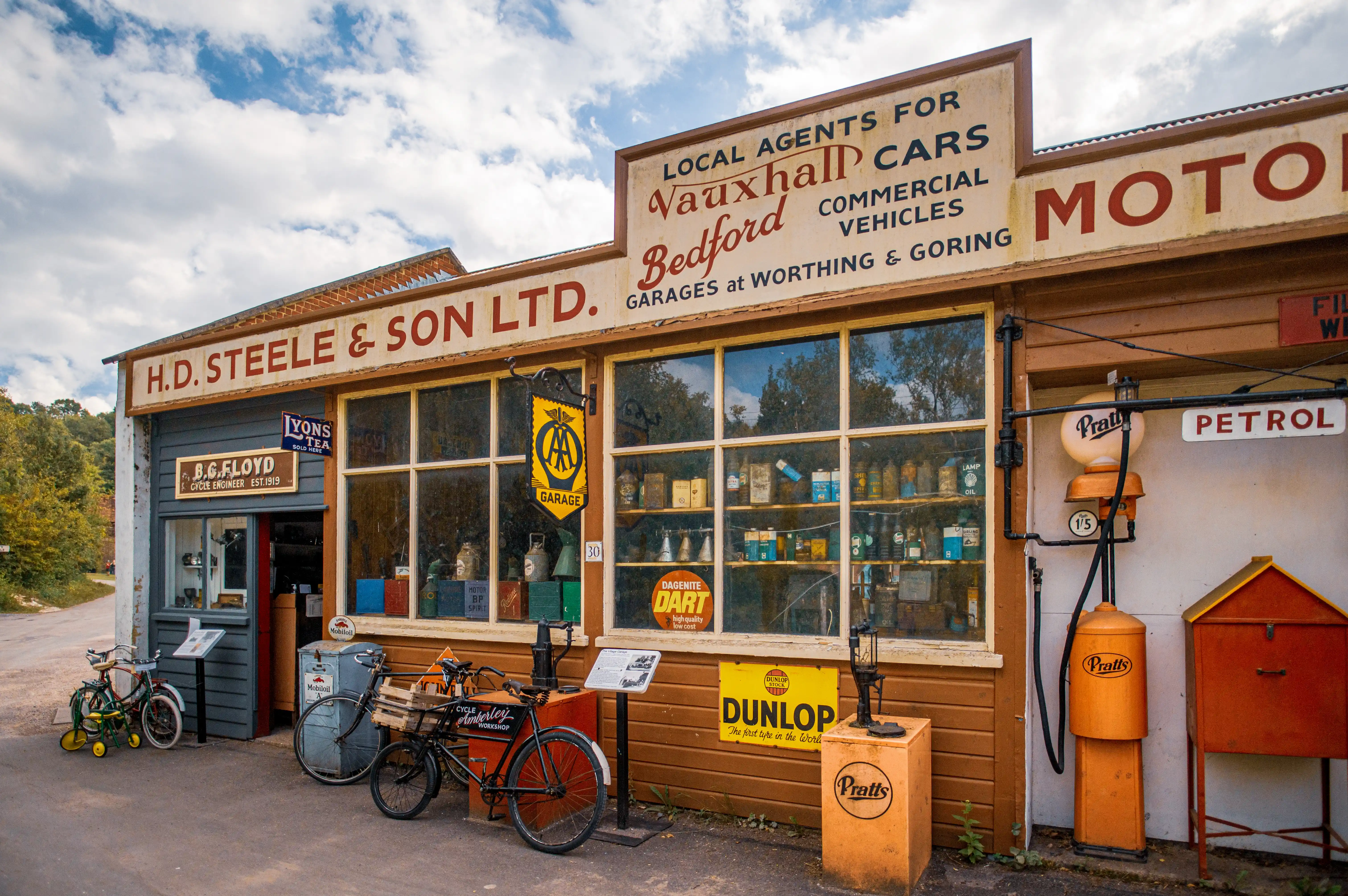 A retro-style garage facade with 