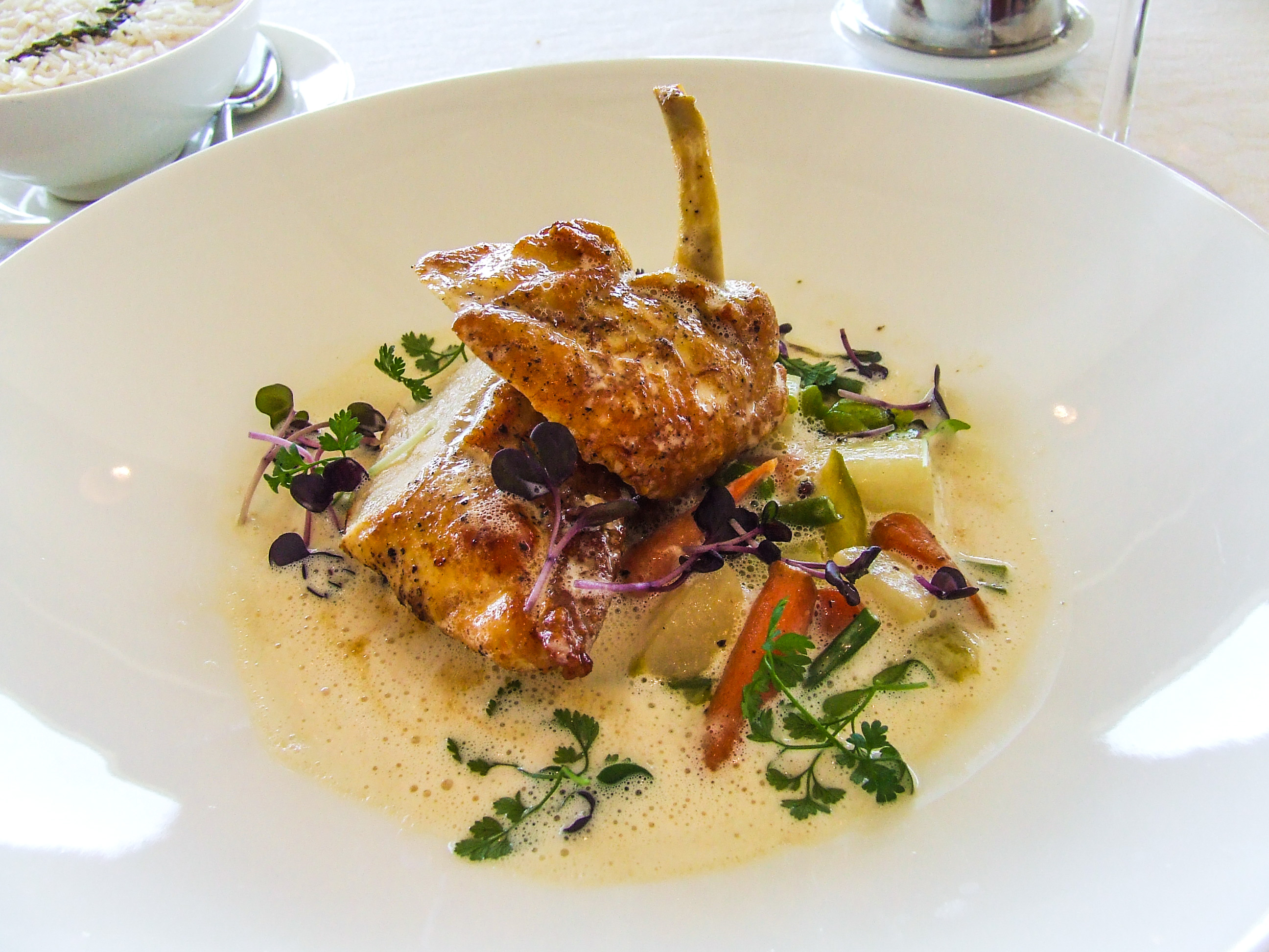 The image shows a beautifully presented dish featuring a piece of grilled or roasted meat, likely chicken or fish, served on a bed of thinly sliced vegetables and microgreens. The dish is garnished with a creamy sauce and fresh herbs, giving it an elegant and appetizing appearance.