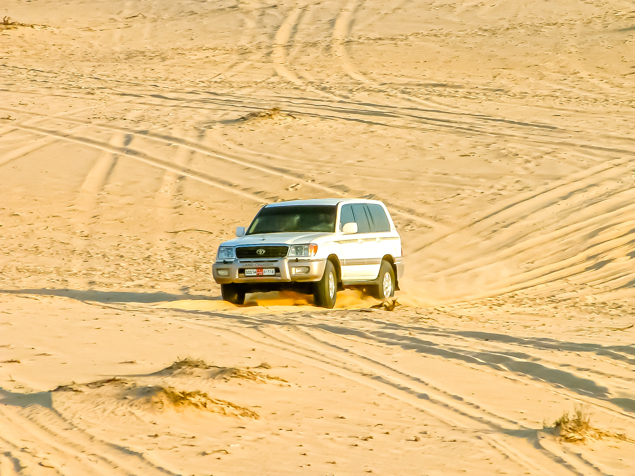 The image shows a white SUV driving through a sandy desert terrain, leaving visible tire tracks in the sand. The vehicle appears to be navigating the dunes, suggesting an off-road adventure or desert travel scenario.