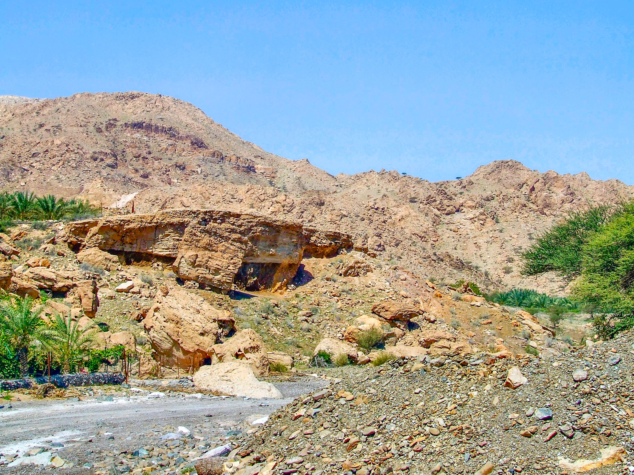 The image depicts a rocky, arid landscape with a prominent hill or small mountain in the background. The terrain is rugged with loose rocks and sparse vegetation, including some green shrubs and small trees. The sky is clear and blue, suggesting a sunny day. The overall scene appears to be a desert or semi-desert environment.