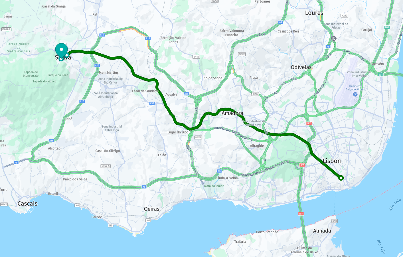map for Lisbon to Sintra