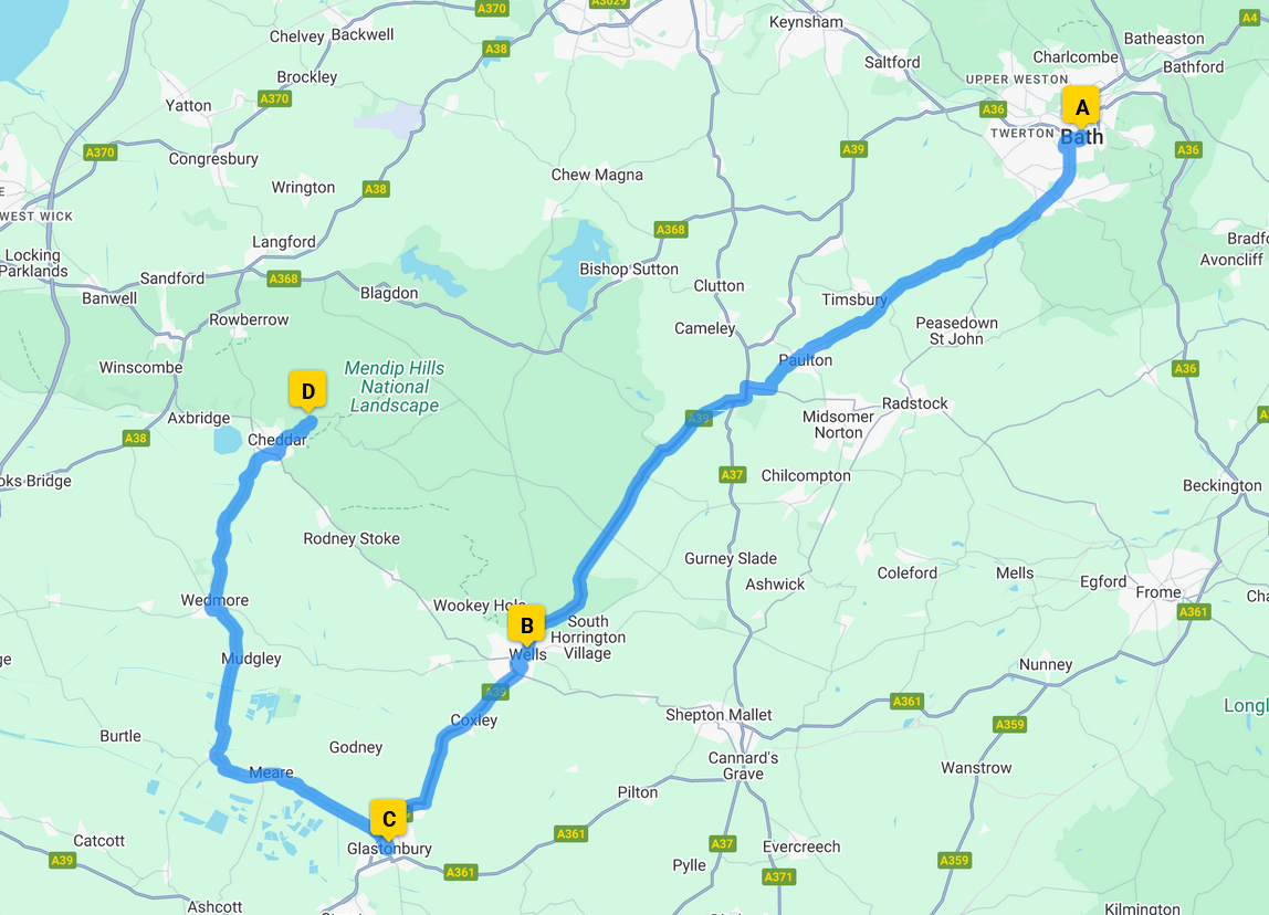 Bath to Cheddar Gorge via Wells and Glastonbury