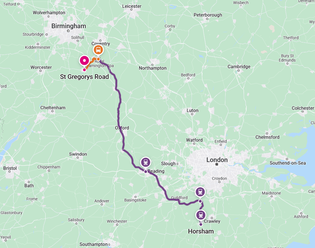 routes from Horsham to Stratford Upon Avon